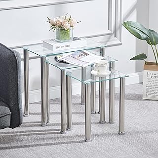 Glass Nest of Tables, set of 3 Tables Side Nesting End Coffee Lamp Table Modern Sets for Home Office Living Room (Clear)
