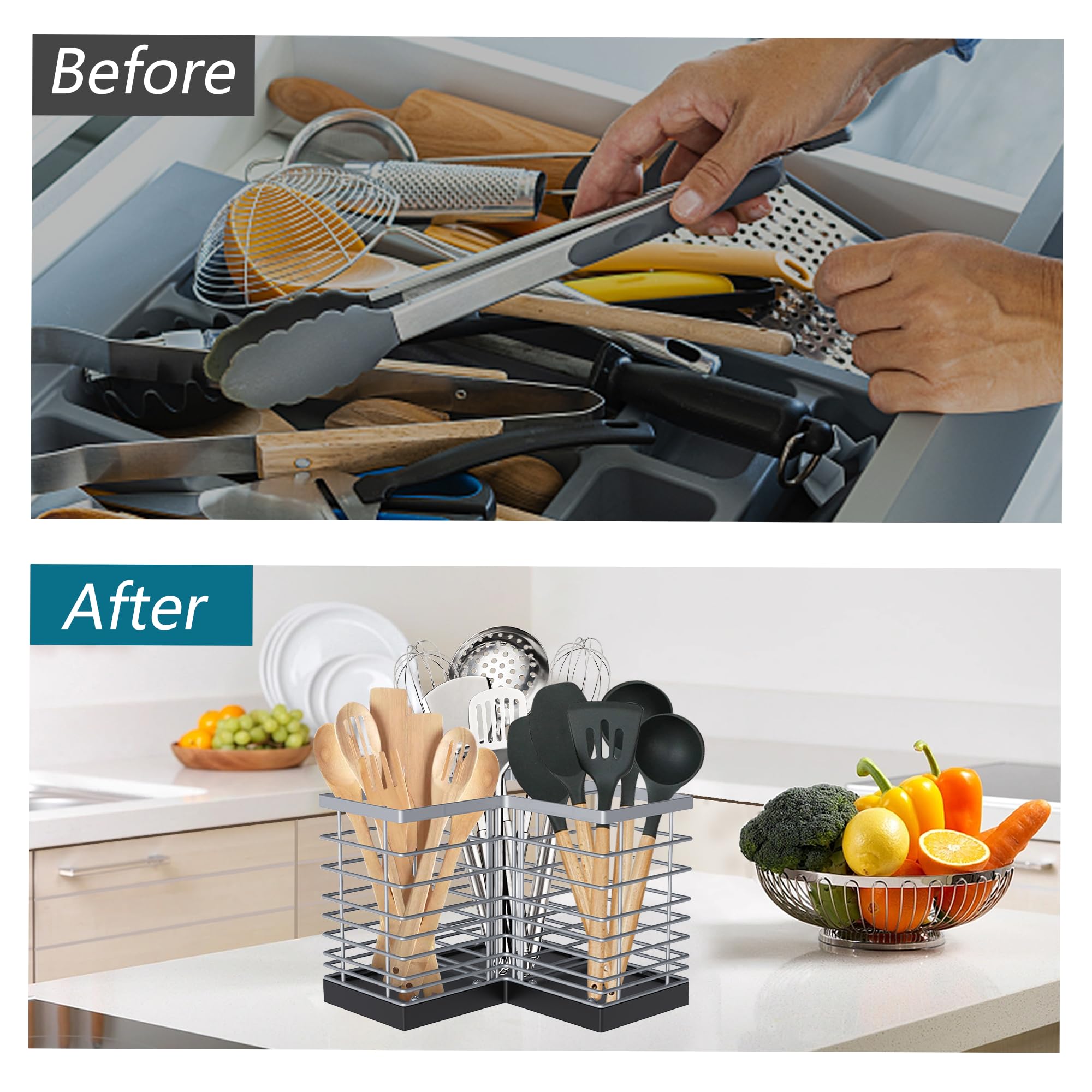 Suli Soporte extragrande Porta utensilios cocina,3 compartimento,plateado