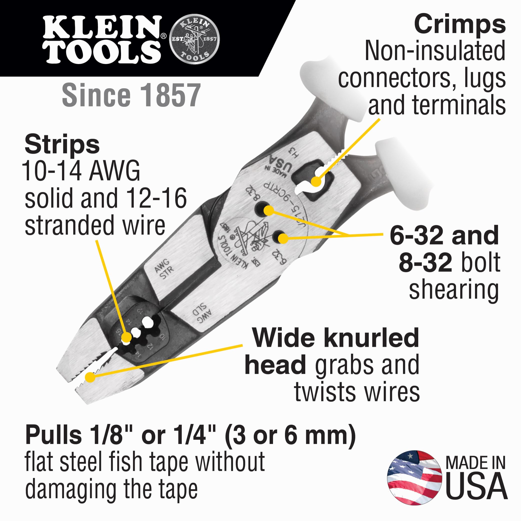 Klein Tools J2159CRTP Alicates de corte lateral, fabricados en Estados Unidos, alicates híbridos Journeyman de alto apalancamiento de 9 pulgadas con crimpadora, extractor de cinta de pescado y