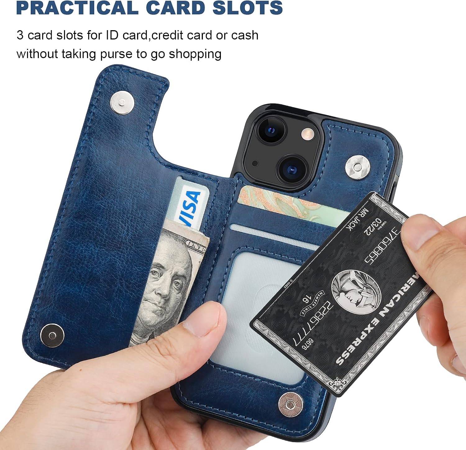 ONETOP Compatible with iPhone 13 Mini Wallet Case with Card Holder, PU Leather Kickstand Card Slots Case, Double Magnetic Clasp and Durable Shockproof Cover 5.4 Inch(Blue)