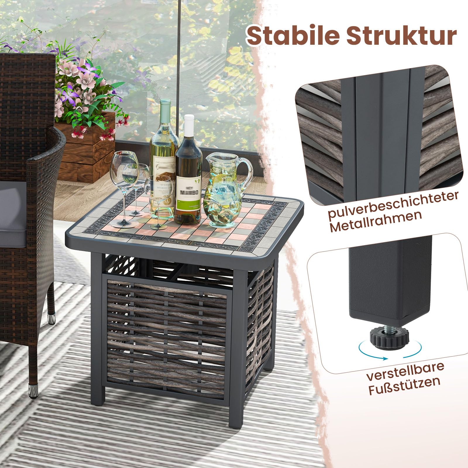 GOPLUS Polyrattan Beistelltisch, Gartentisch quadratisch mit 3,9cm Schirmloch & Schachbrettmuster, Balkontisch Bistrotisch wetterfest, Terrassentisch klein Outdoor für Garten Hof Balkon Pool