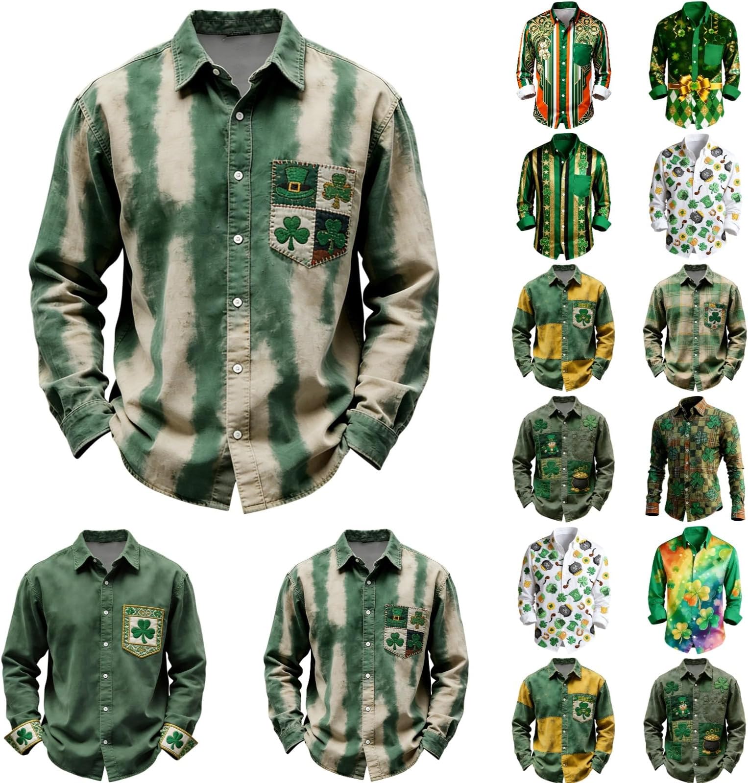 St Patricks Day Shirt Men Irish Shamrock Button Down Long Sleeve Shirt Saint Patrick'S Clover Graphic Holiday Outfit