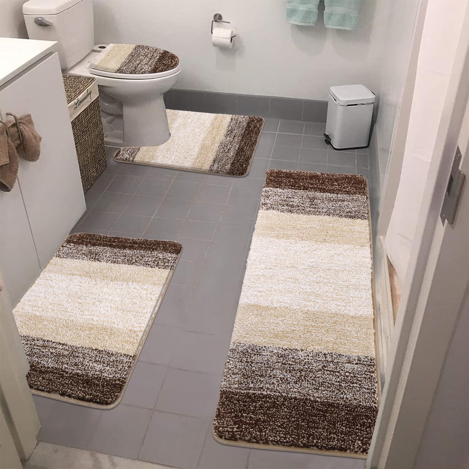 Bsmathom Bathroom Rug Set - 4 Piece with Toilet Cover, Plush Shaggy Non Slip Washable Microfiber Bathroom Mat with U-Shaped Contour, Dark Coffee