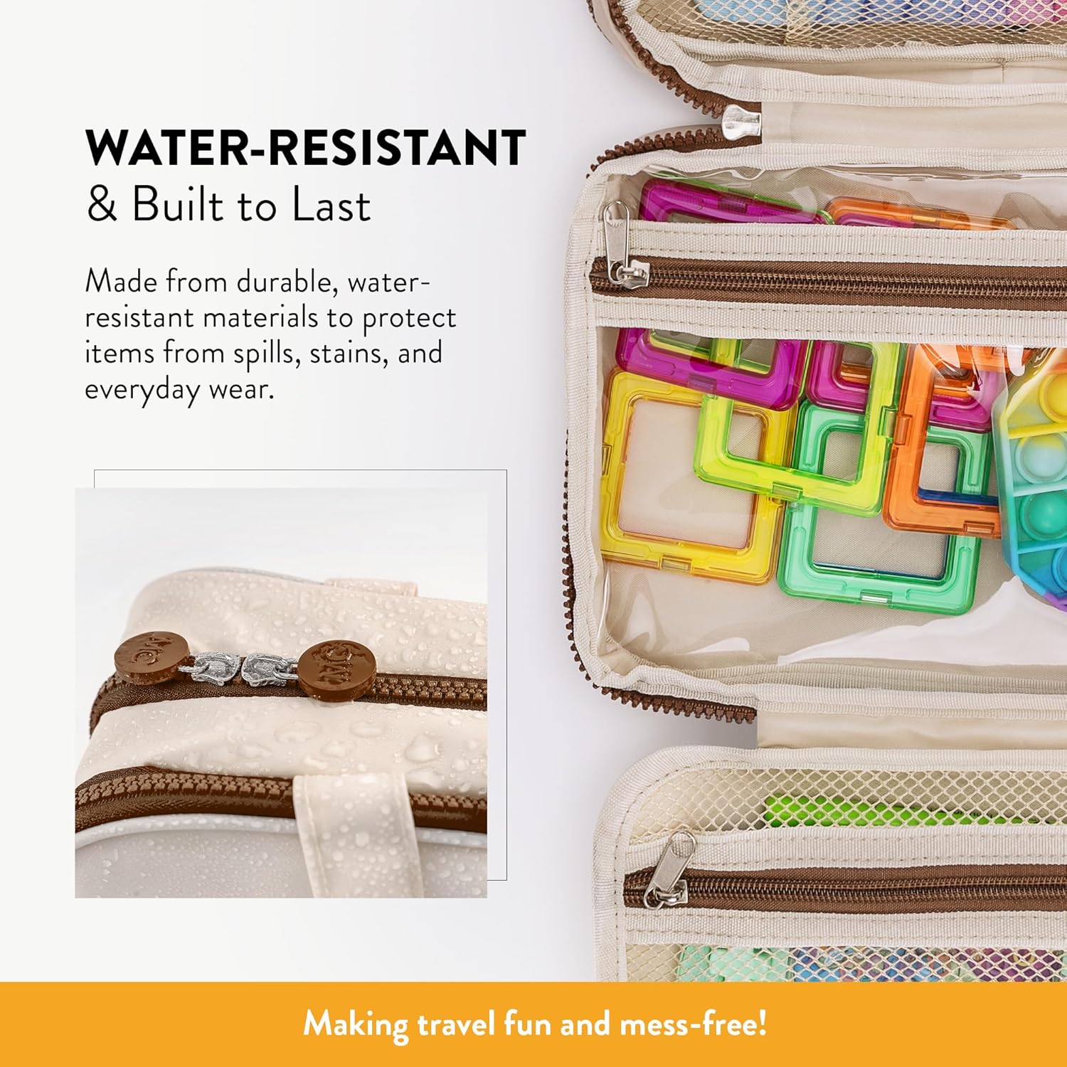 Kids Travel Organizer – Multi-Compartment, Water-Resistant Hanging Bag for Toys, Snacks, & Activities - Compact, Lightweight Design with Hook & Carry Handle - Perfect for Travel Use (Beige, Small)