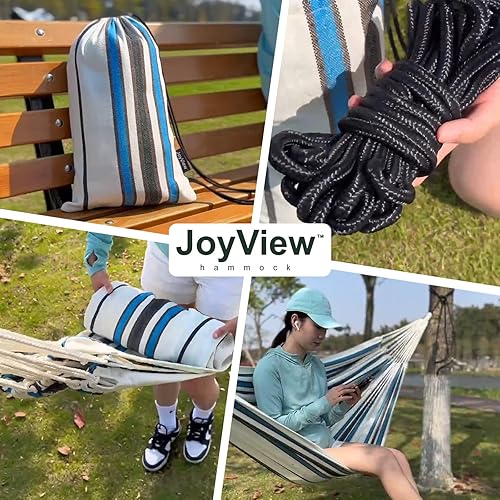 Miniatura 6 de JoyView Hamaca doble brasileña con cuerdas para colgar, extragrande de 86.6 x 59 pulgadas, hamaca portátil de algodón para patio, porche, capacidad