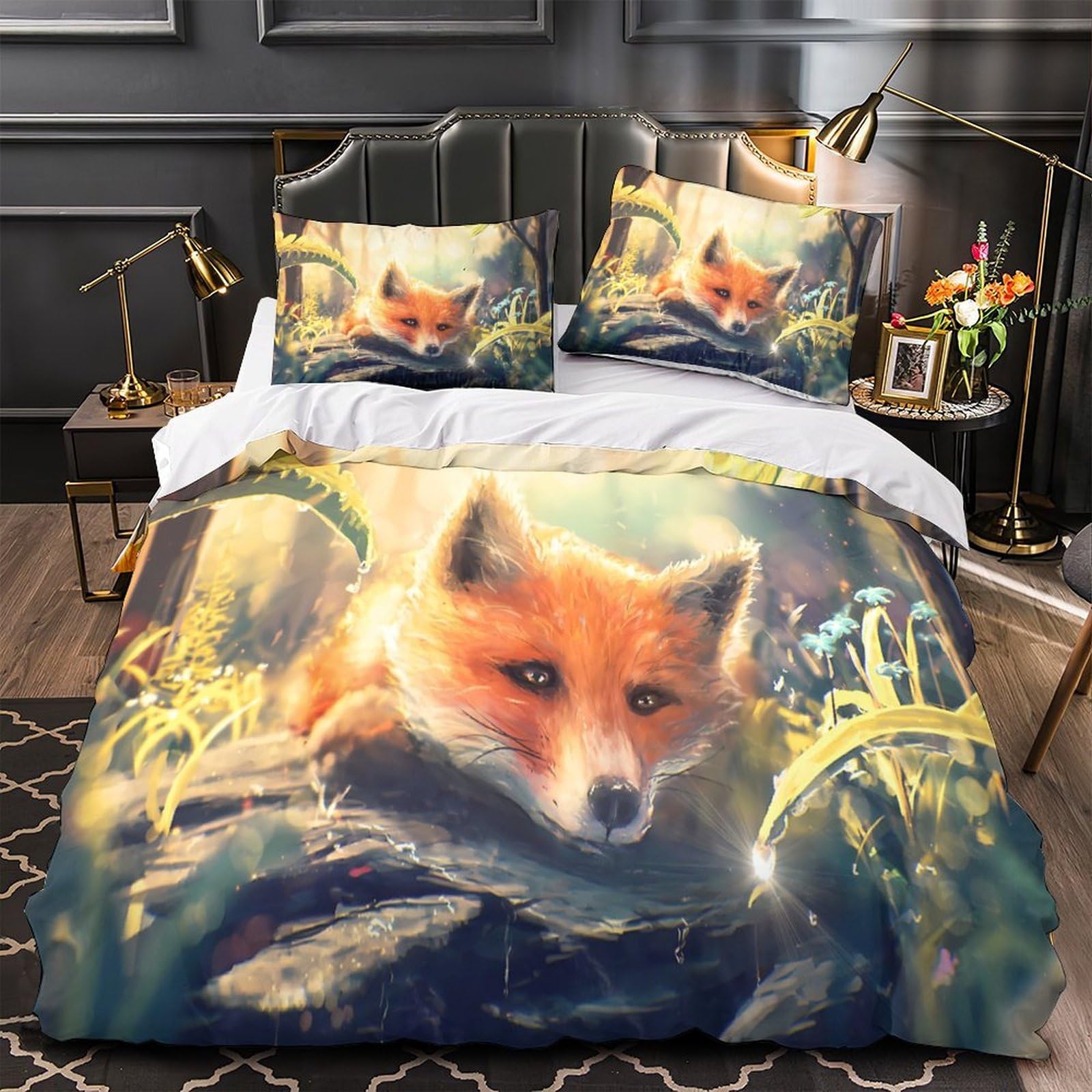 Parure de lit renard 3D avec housse de couette 220x240 cm et taies en microfibre pour ado