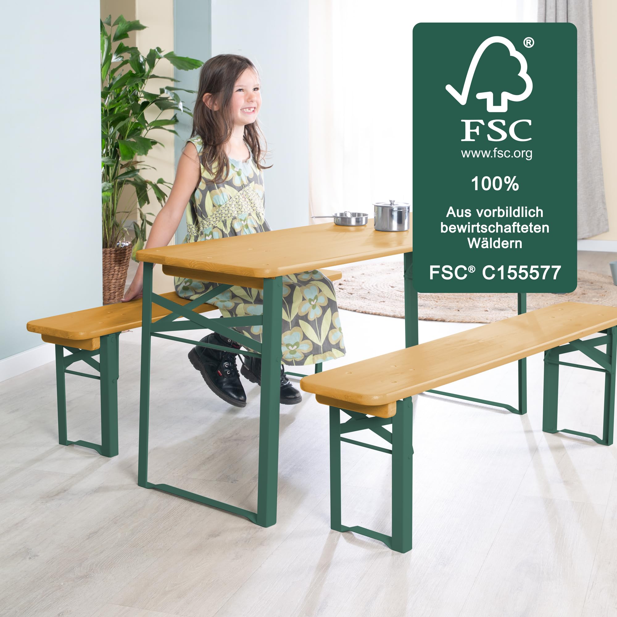 roba Set Tavolo + 2 Panche con Schienale per Bambini - per Giardino, Terrazzo, Aria Aperta - Pieghevole - Salvaspazio - con Angoli Arrotondati - da 24 Mesi - Legno Laccato in Teak