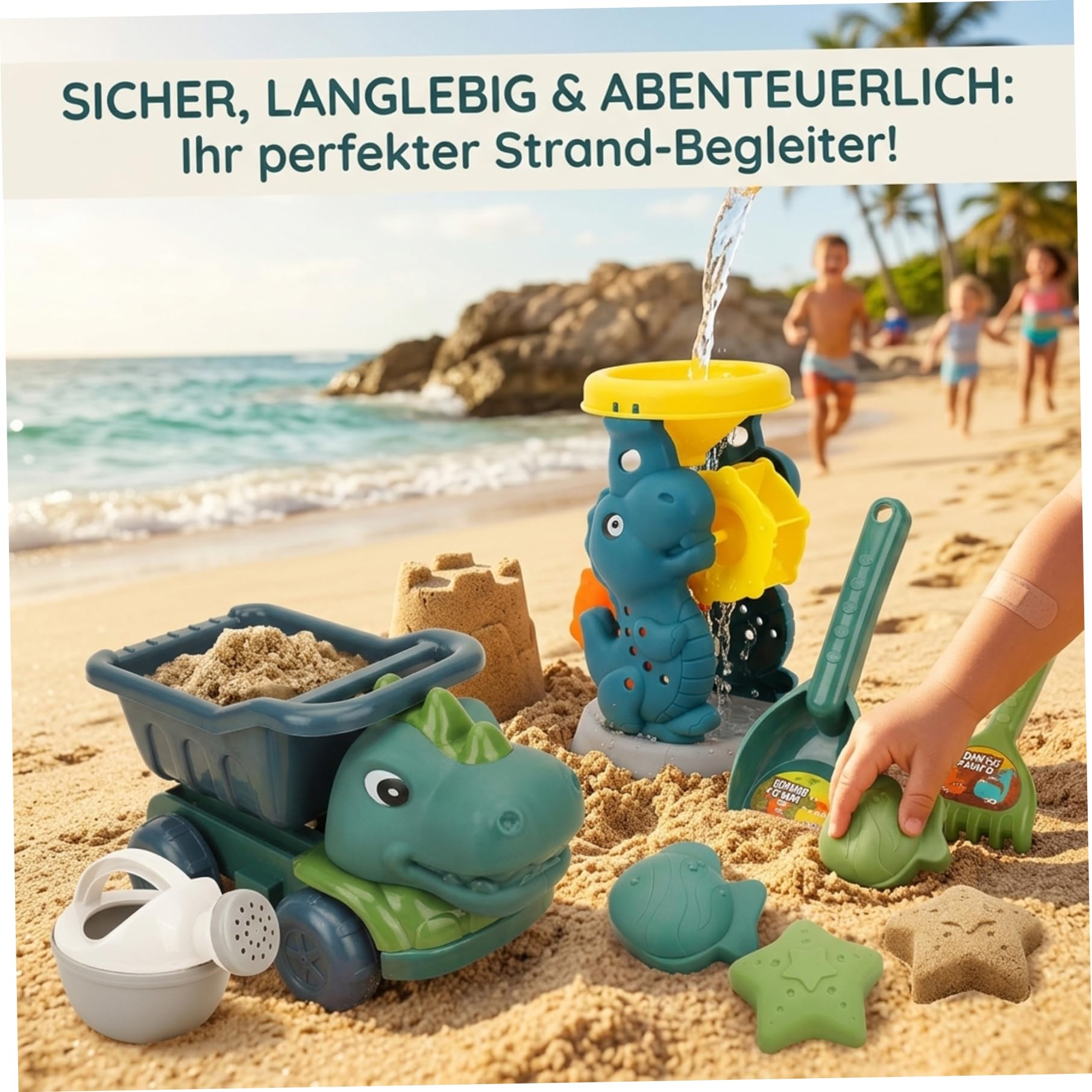 Dinosaurier-Sandspielzeug, Dinosaurier-Strandspielzeug-Set, 7-teiliges Sandspielzeug mit LKW, Sanduhr, Schaufeln und Formen, ideal zum Spielen im Freien für Kinder
