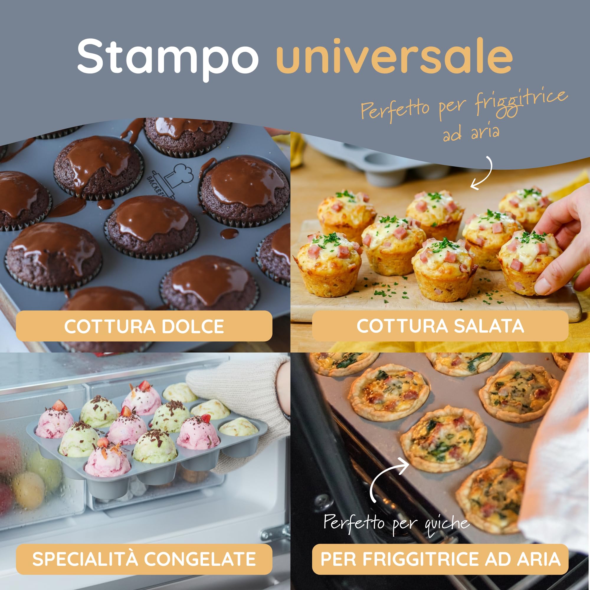 Backefix teglia per muffin in silicone 12 Flexi – stampo per muffin con 12 cavità, 80 ml ciascuna, antiaderente, senza pirottini, silicone platino, senza BPA & PFAS, lavabile in lavastoviglie, grigio