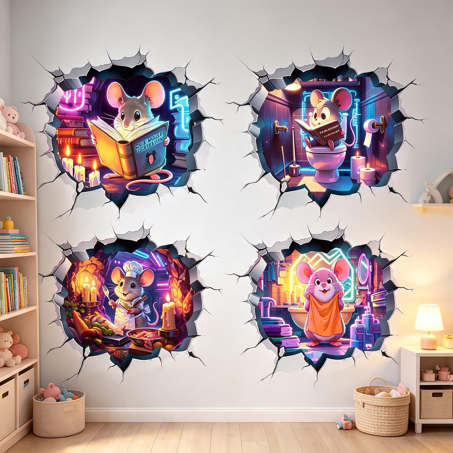 3D Mouse Hole Wall Decals, Funny Crack Removable Wall Stickers Art Decor