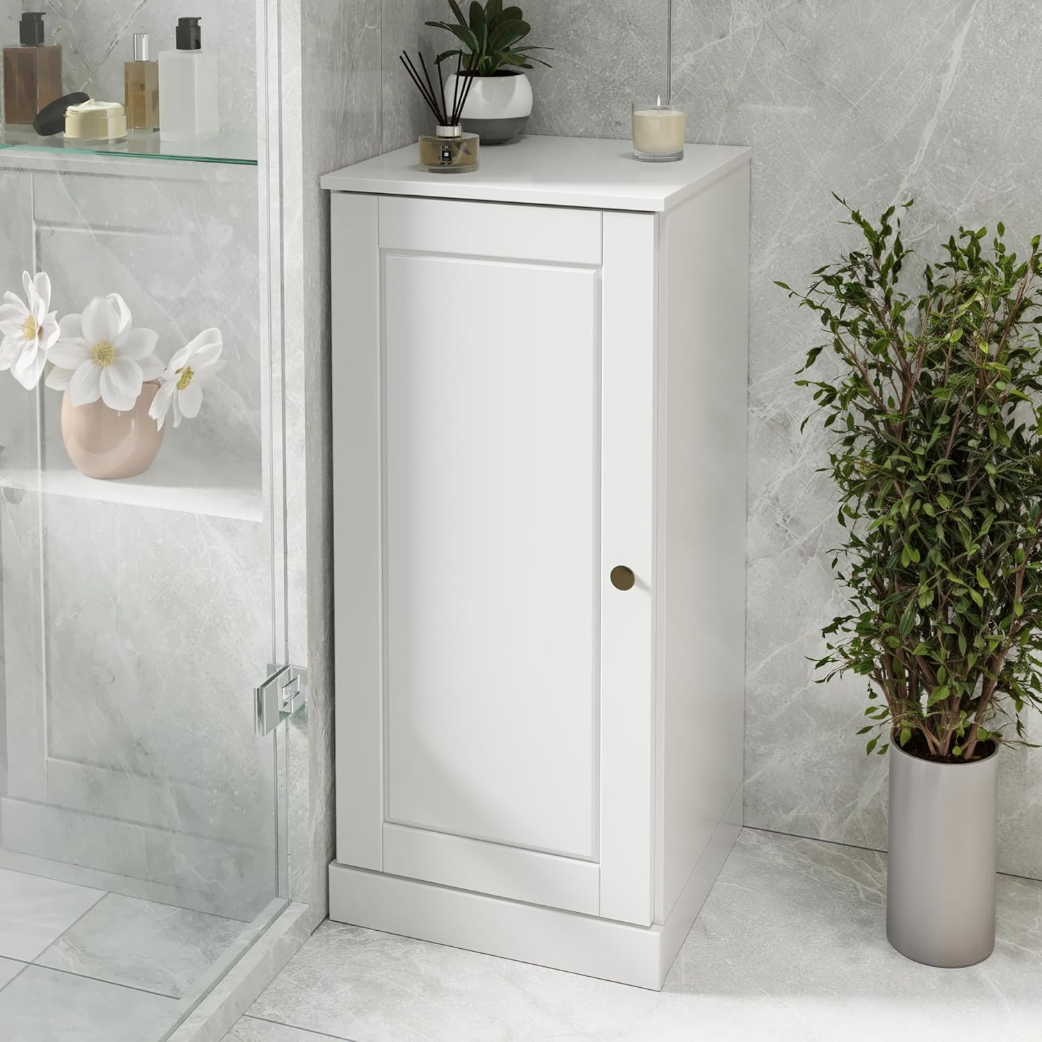 Palace Imports 100% Solid Wood 16.5" Wide Bathroom Storage Cabinet with Door & Adjustable Shelves (Raised Panel Door, White)