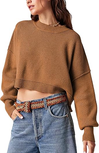 VAOYIU Womens Knitted Long Sleeved Short Round Neck Lantern Sleeve Ribbed Knit Pullover