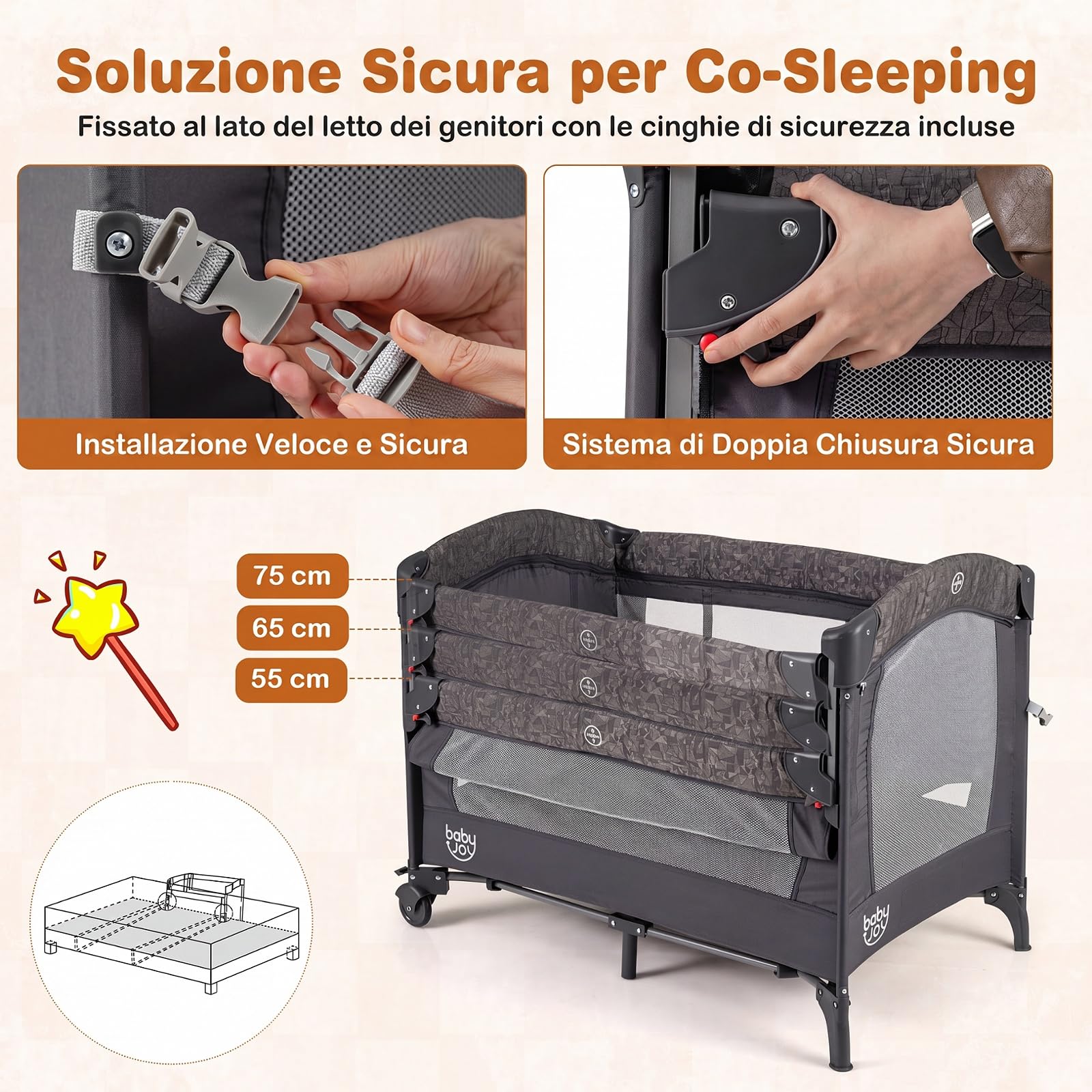 COSTWAY 4 in 1 Culla Co-sleeping Pieghevole per Neonato, 0-3 Anni | Lettino da Campeggio per Bambini con Ruote, Fasciatoio e Meterasso Rimovibile, Carillon e Giocattoli, Altezza Regolabile