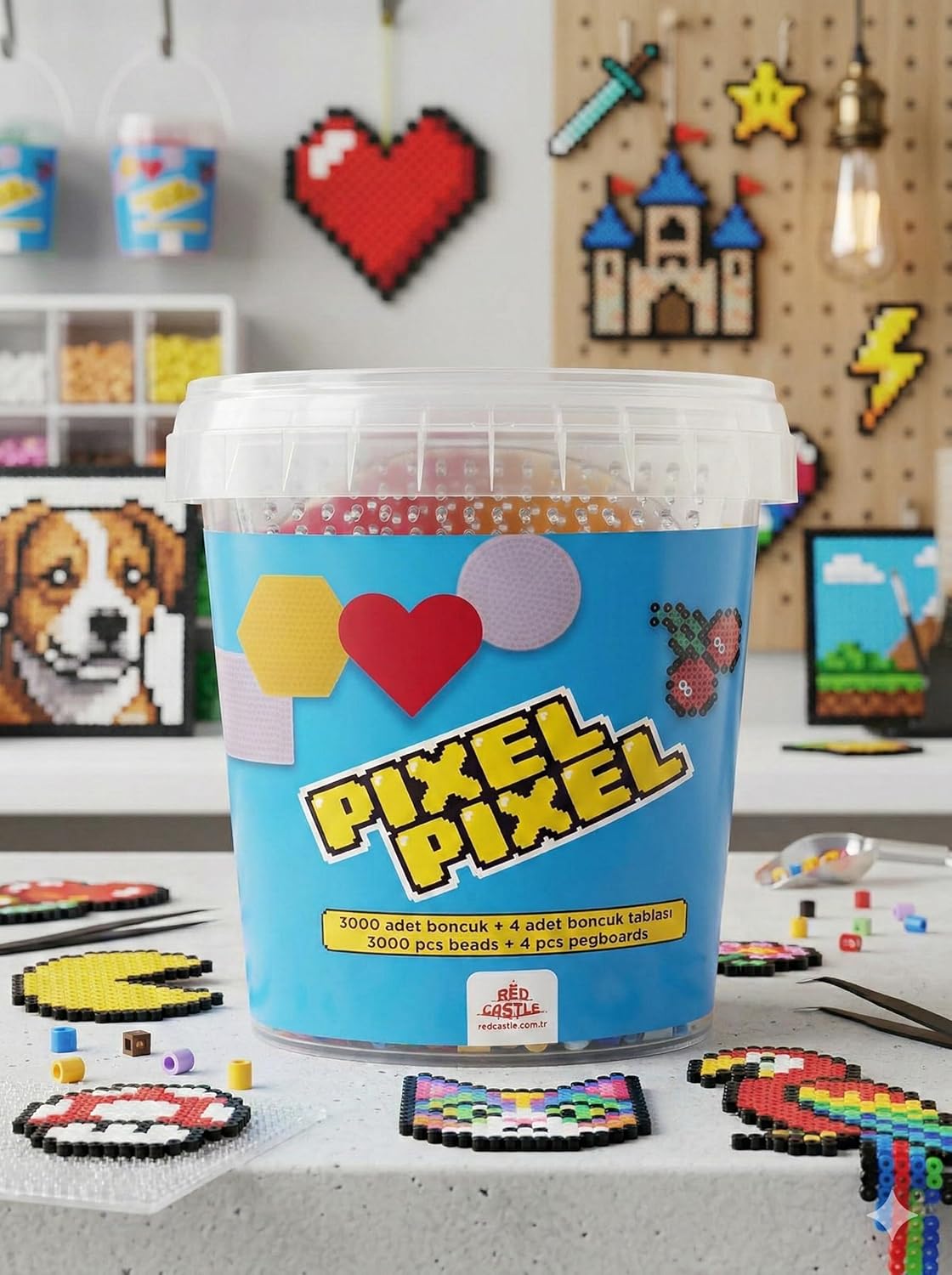 Pixel Bead Set 3000 Pieces + 4 Bead Trays (Pegboard), Mosaic Pixel Hobby Set, Craft Design and Decor