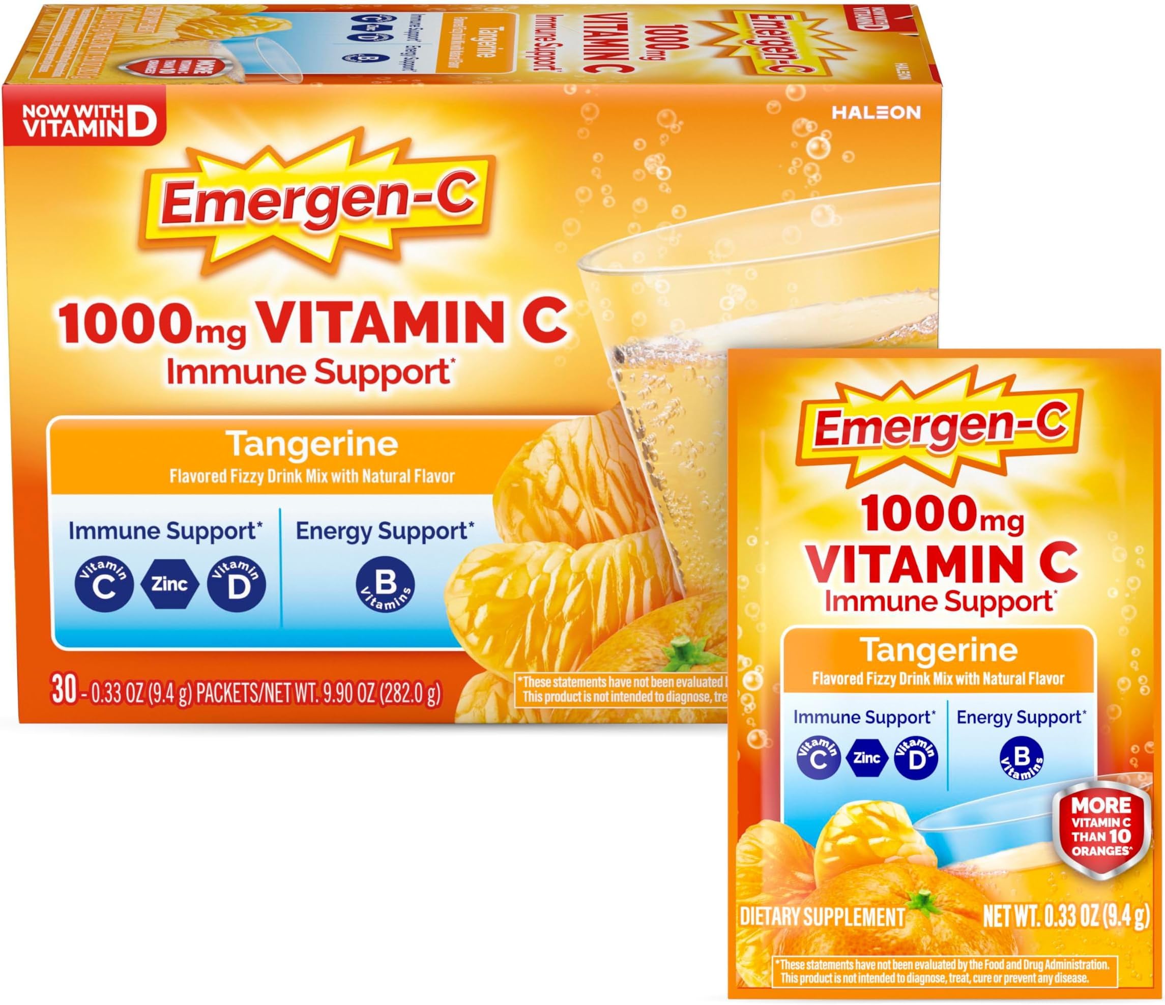 1000mg Vitamin C Immune Support Powder Tangerine 30CT includes Zinc, Manganese, 7 B Vitamins and Electrolytes for Back to School Essentials