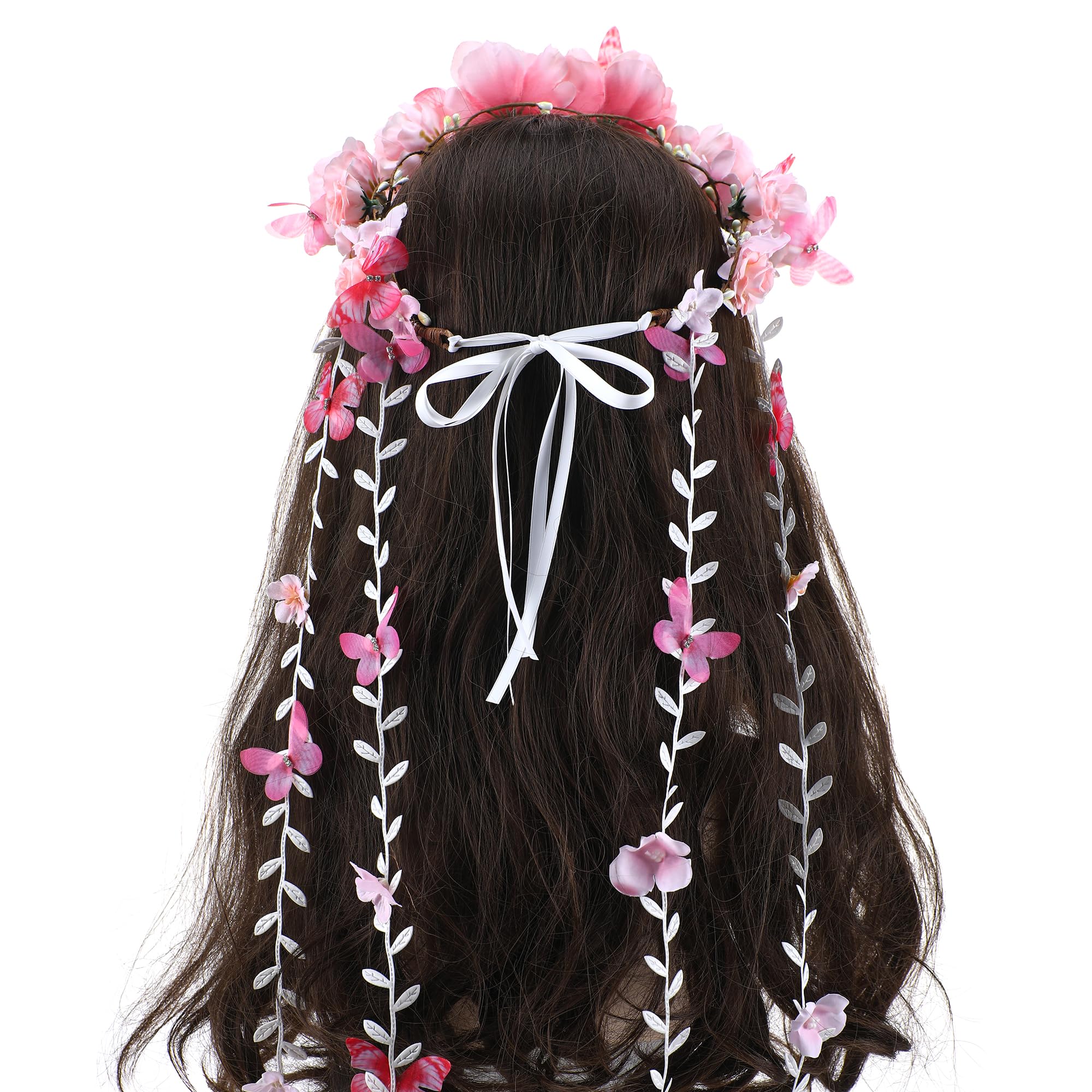 PartyforU Pink Flower Crown Headband for Women Floral Fairy Headpiece Bohemian Vine Flower Headband with Butterfly for Wedding Bridal Shower Party Renaissance - Image 2