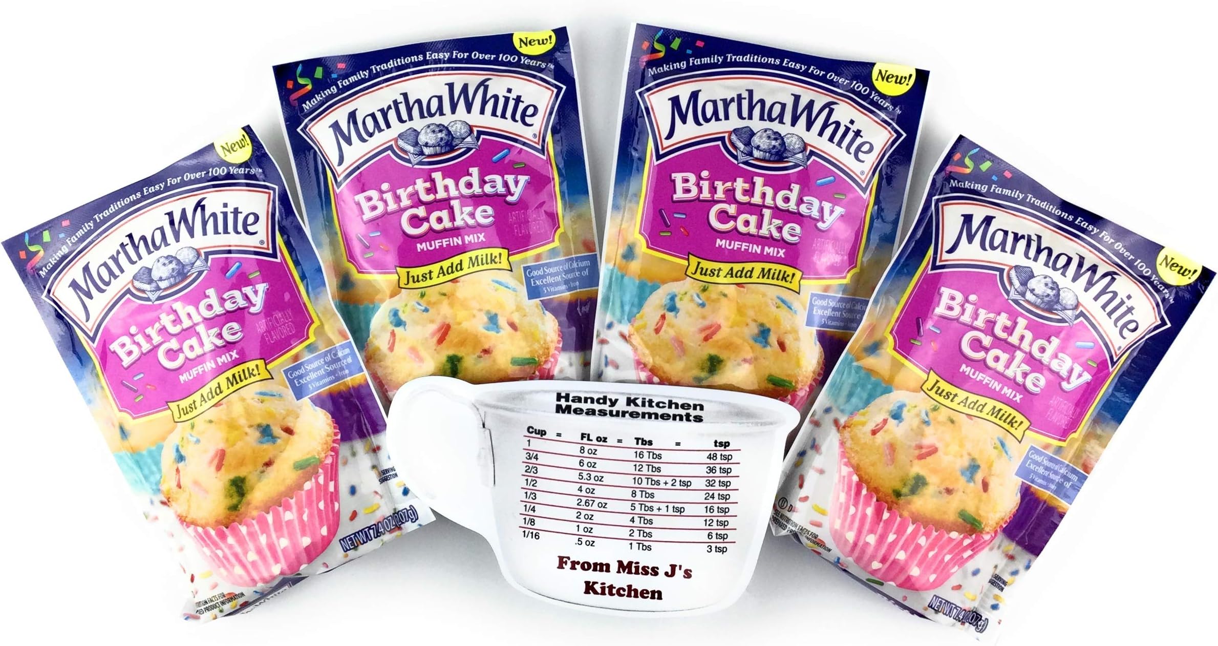 GenericMartha White Birthday Cake Muffin Mix 7.4 Oz (4 Bags) with Miss J’s Handy Kitchen Measurements Chart for Refrigerator-Bundle of 5
