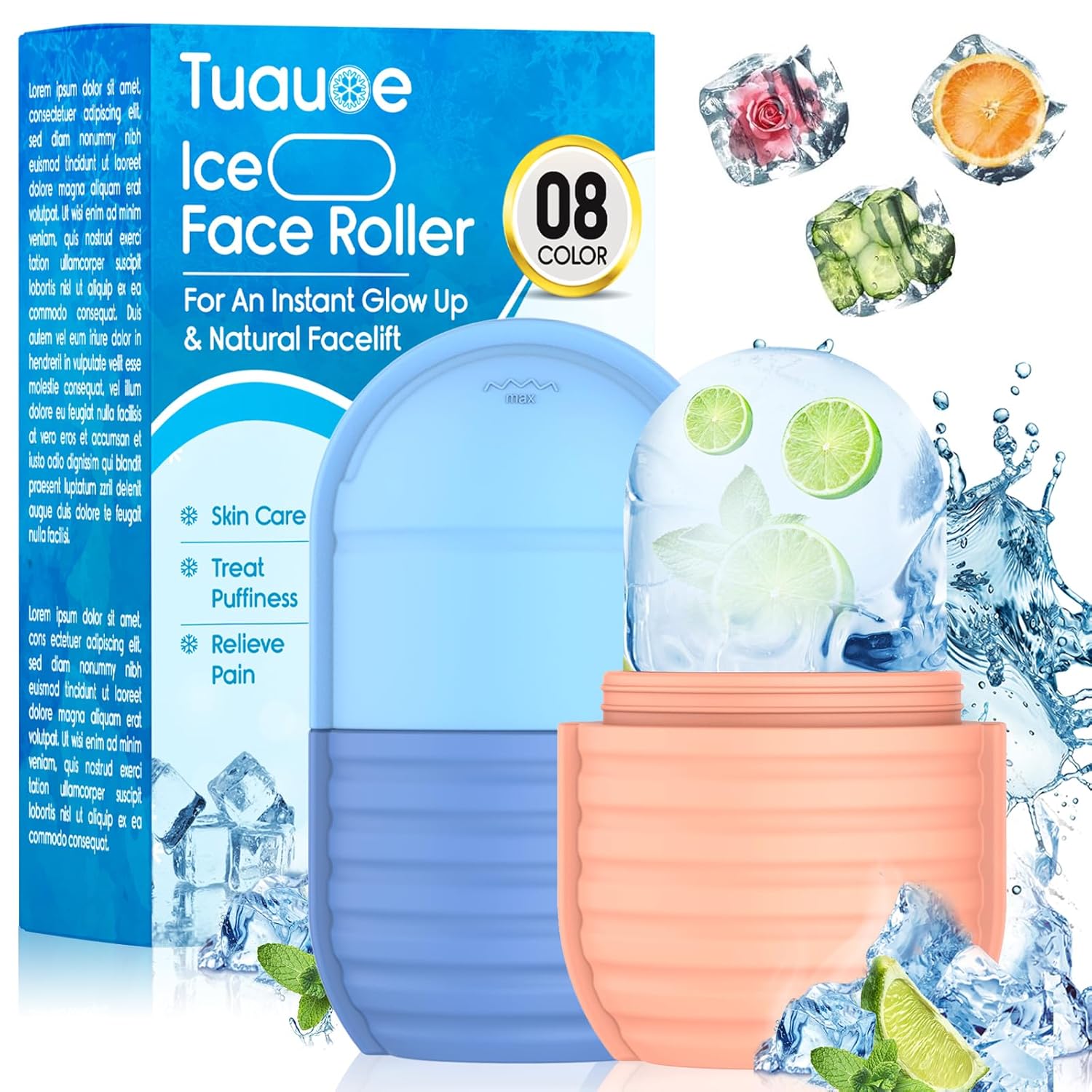 2Pcs Ice Roller for Face, Ice Face Roller, Reusable Silicone Ice Mold for Face, Facial Beauty Ice Roller Skin Care Tools for Shrink Pores Anti Wrinkle Reduce Puffiness (Blue + Pink)