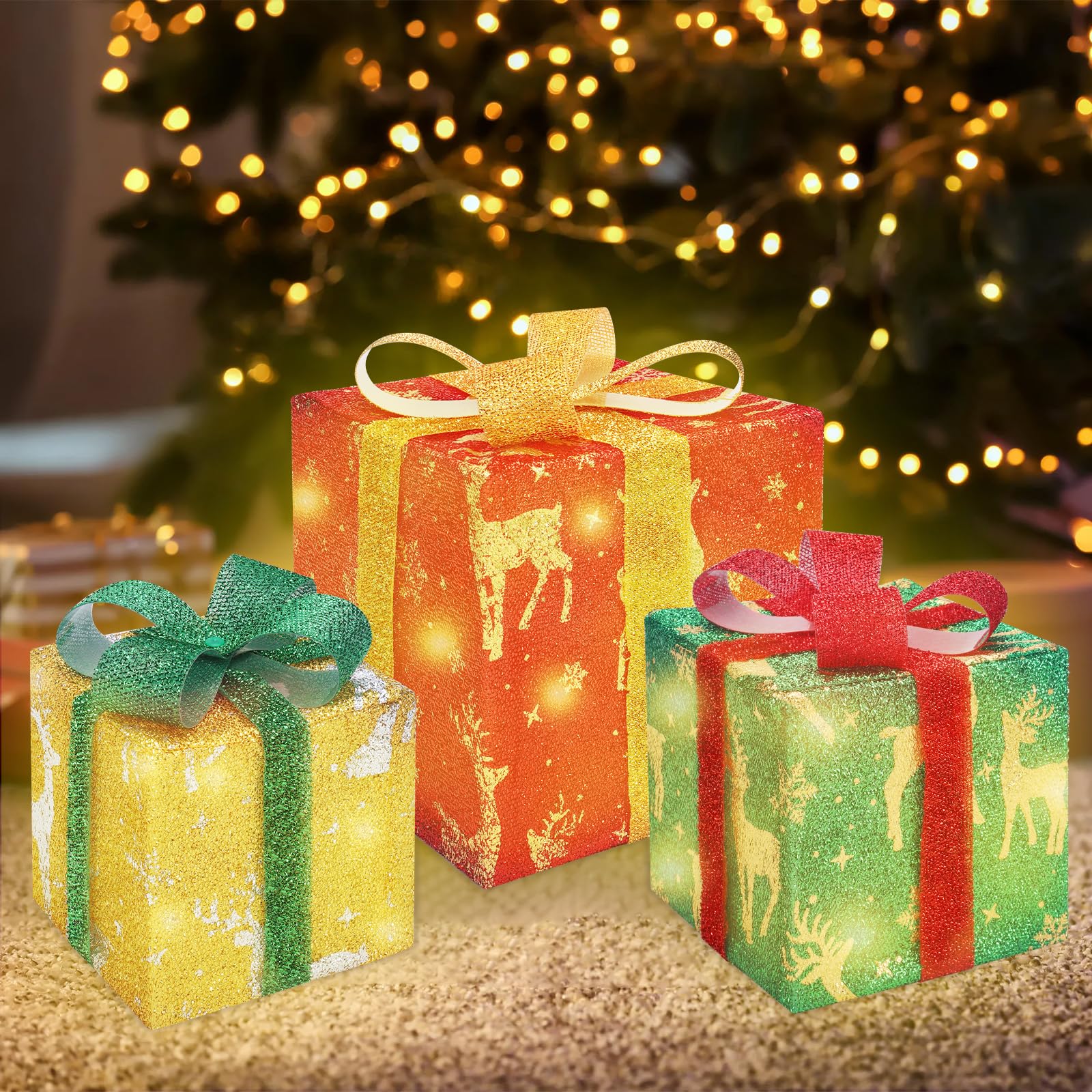 Christmas Lighted Gift Boxes, Set of 3 Xmas Decoration Present Box with 60 LED Lights, 8 Flash Modes, Plug in Decor Boxes for Christmas Tree Indoor Outdoor