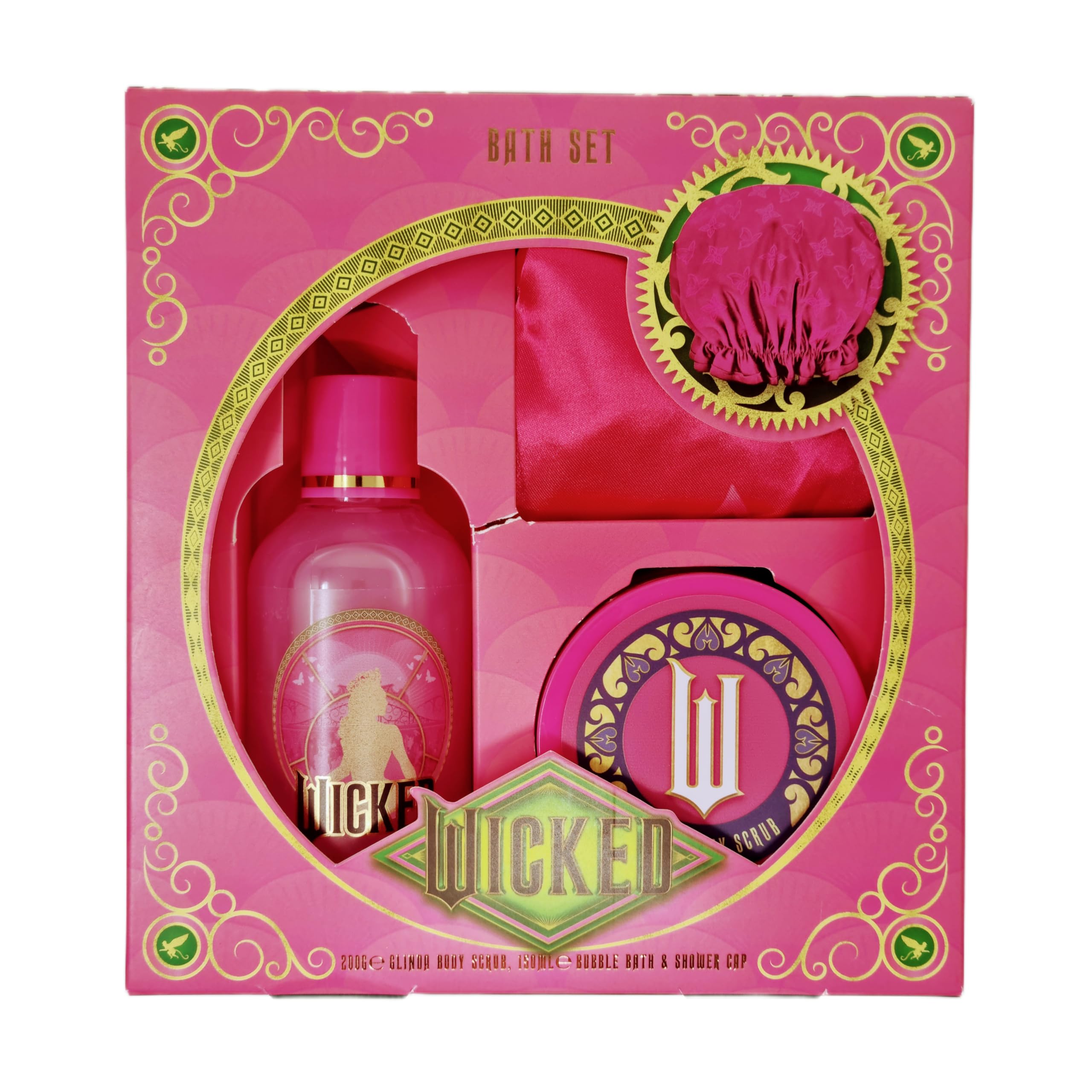 Wicked Glinda - Confezione regalo da bagno in schiuma rosa, burro per il corpo e cuffia da doccia, prodotto con licenza ufficiale Wicked