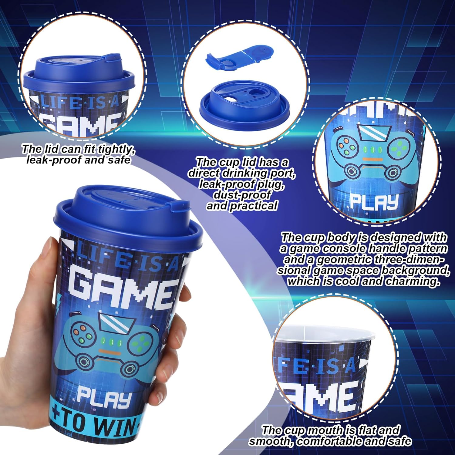 Yungyan 36 Sets Video Game Party Favors Goodie Cups with Lids and Straws for Birthday Decorations Reusable 16oz Plastic Candy Cups Plastic Straws for Birthday Party (Video Game)