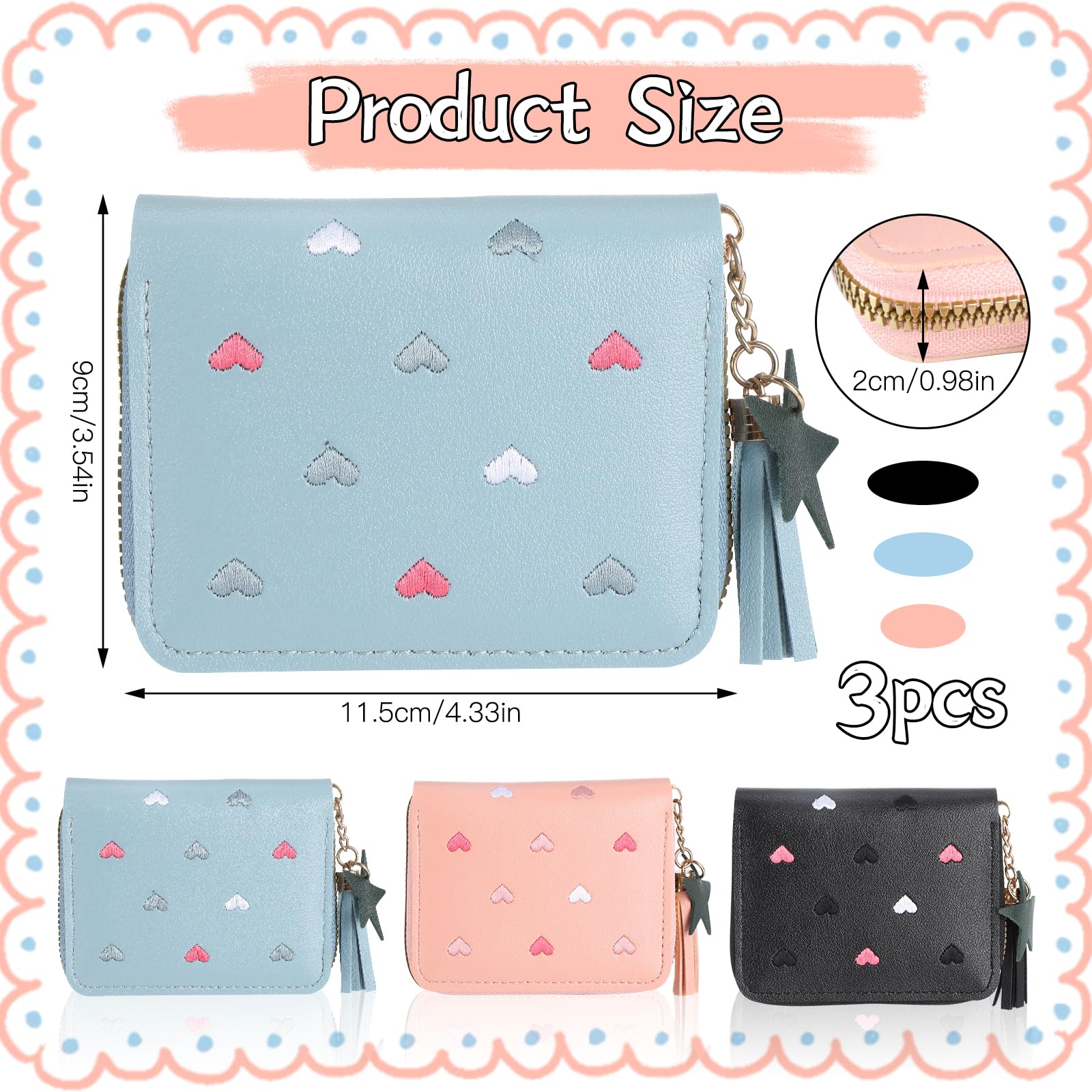 Lot de 3 porte-monnaie pour fille - En cuir synthétique - Avec pompon et fermeture éclair - Pour adolescentes et femmes (bleu, rose, noir)