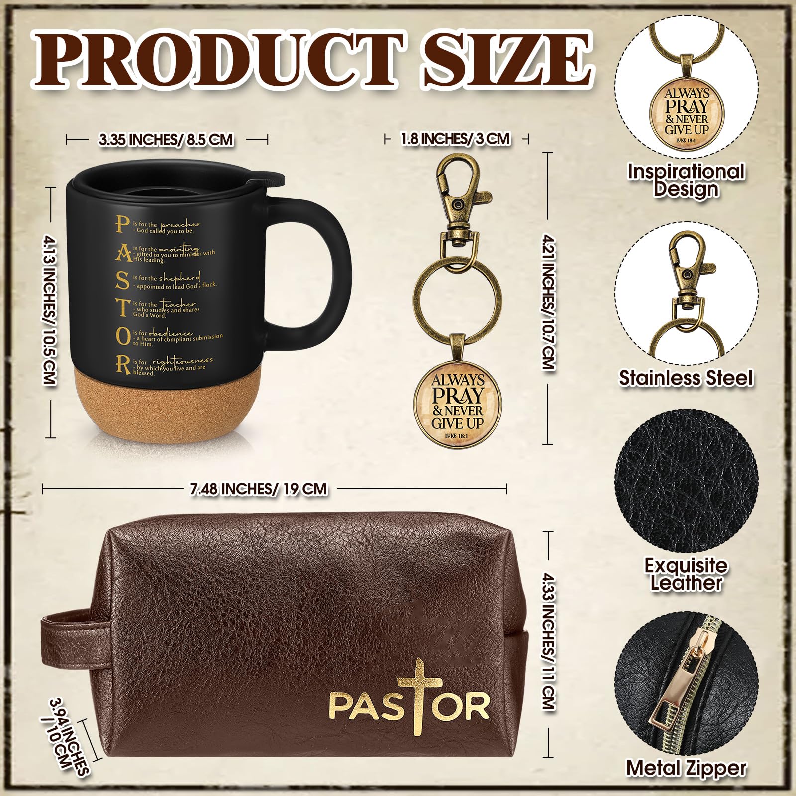 Dansydaisy 3 Pcs Fathers Day Church Gifts 13.5 oz Ceramic Cup with Lid Man of God Religious Leather Bag and Inspirational Christian Keychain for Men Pastor Church Welcome Gifts(Pastor,Brown)
