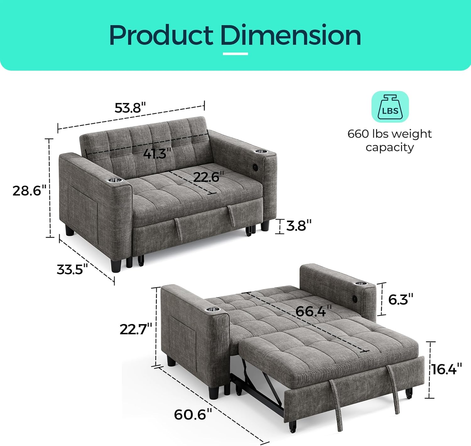 linsy 3-in-1 convertible sofa bed, pull out sleeper sofa with charging station & cup holder, folding loveseat with side pocket for living room, apartment (dark grey)