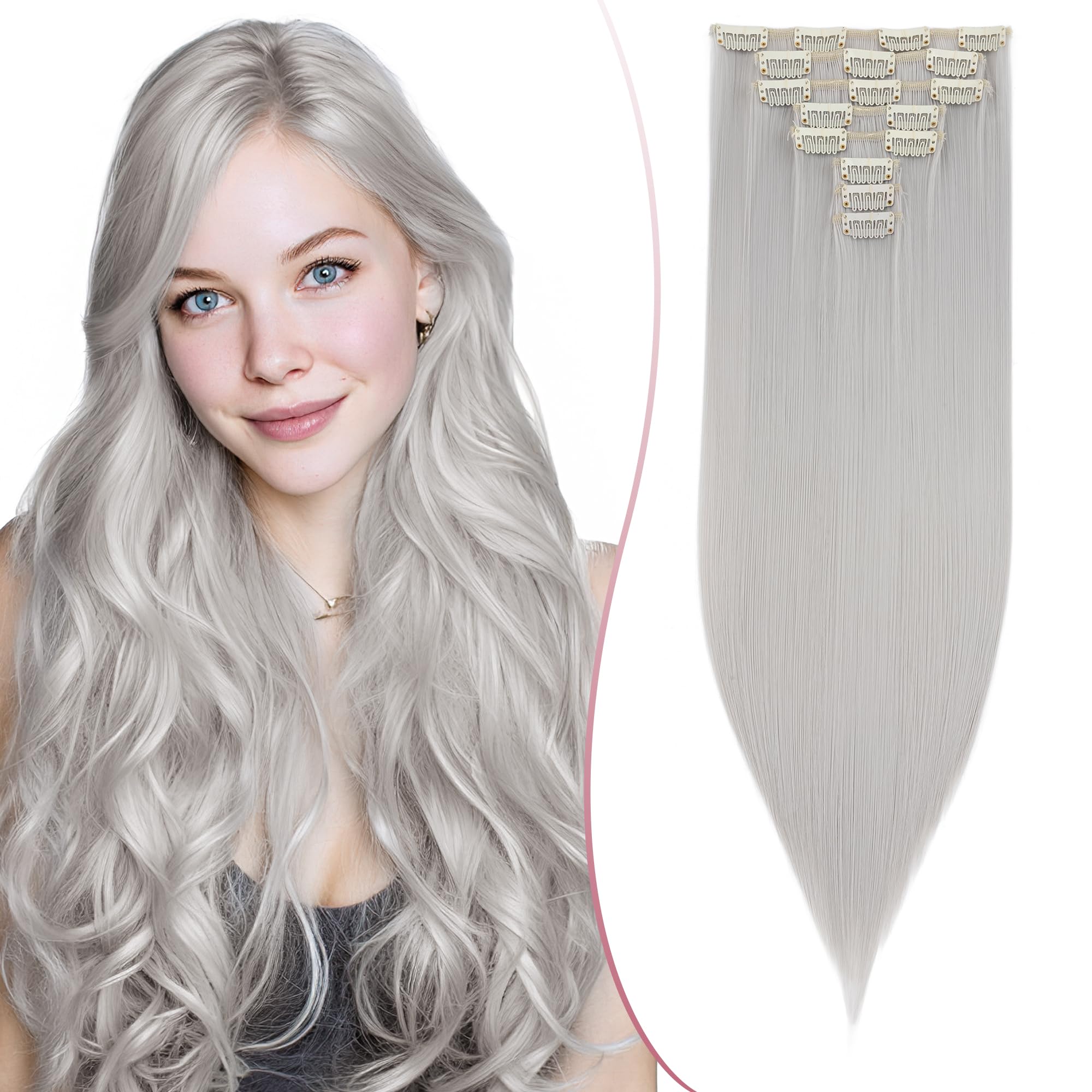 SEGO 26 Inch Thick Highlight Hair Piece 8PCS Long Straight Clip in Extensions Full Head 175g Synthetic Fiber Hairpieces For Women,Grey