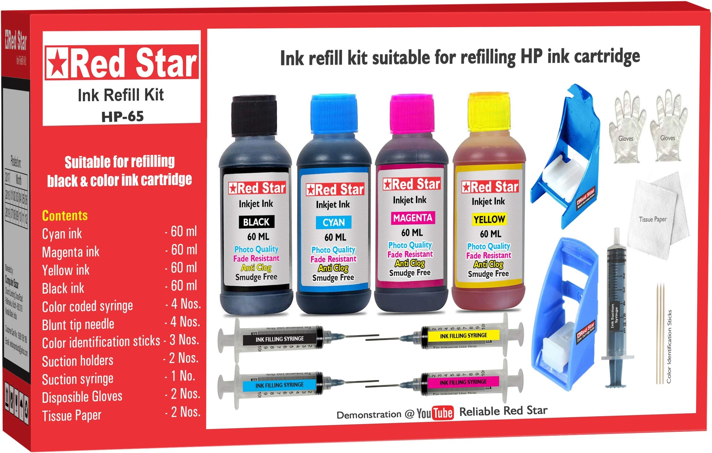 Red Star Multi Color Ink Refill kit with Priming Suction Holder Suitable for HP 65 Black & Color Ink Cartridge Combo Pack with 240 ml Compatible Ink, Tools & Instructions