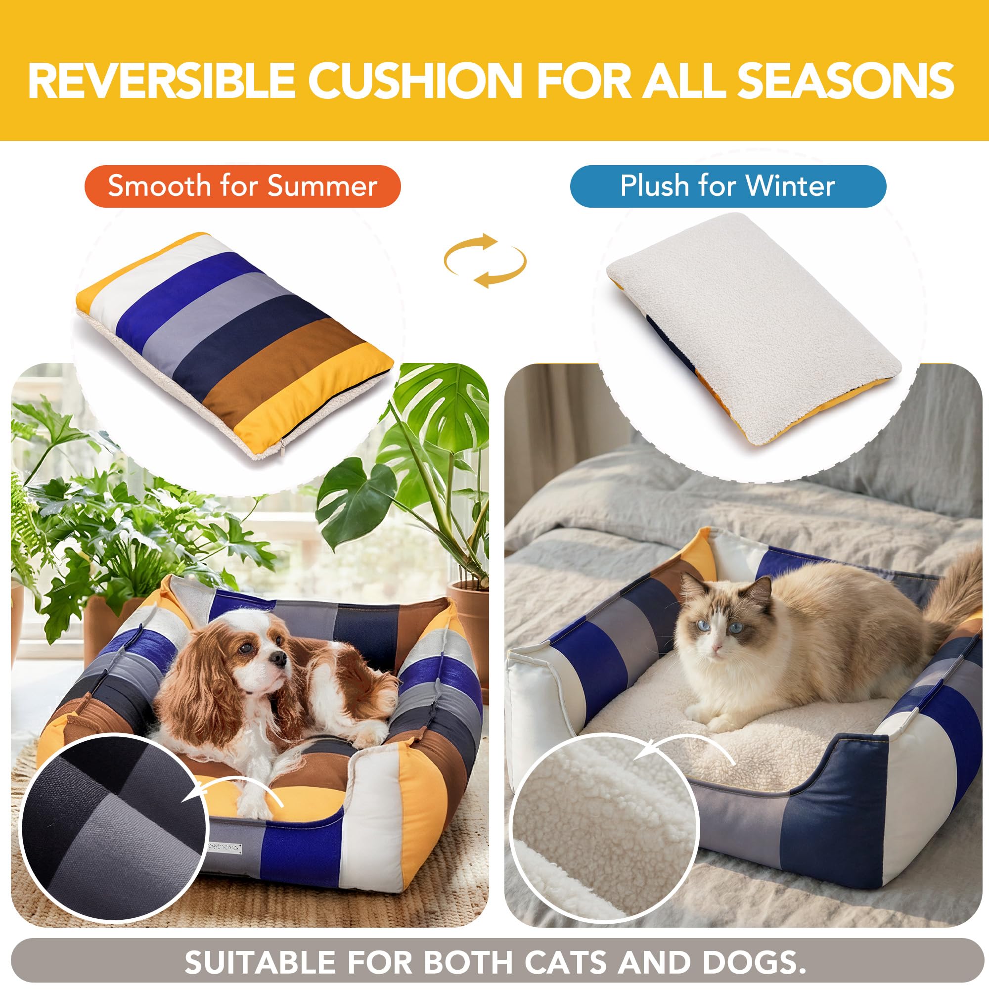 PETNOVO Lit pour Chat Arc-en-Ciel, Housse Amovible, Lavable, Corbeille de Sommeil Douillette avec Bord, Intérieur, Lit Douillet pour Chats et Petits Chiens, 65 × 45 × 18 cm, Arc-en-Ciel Bleu-Gris