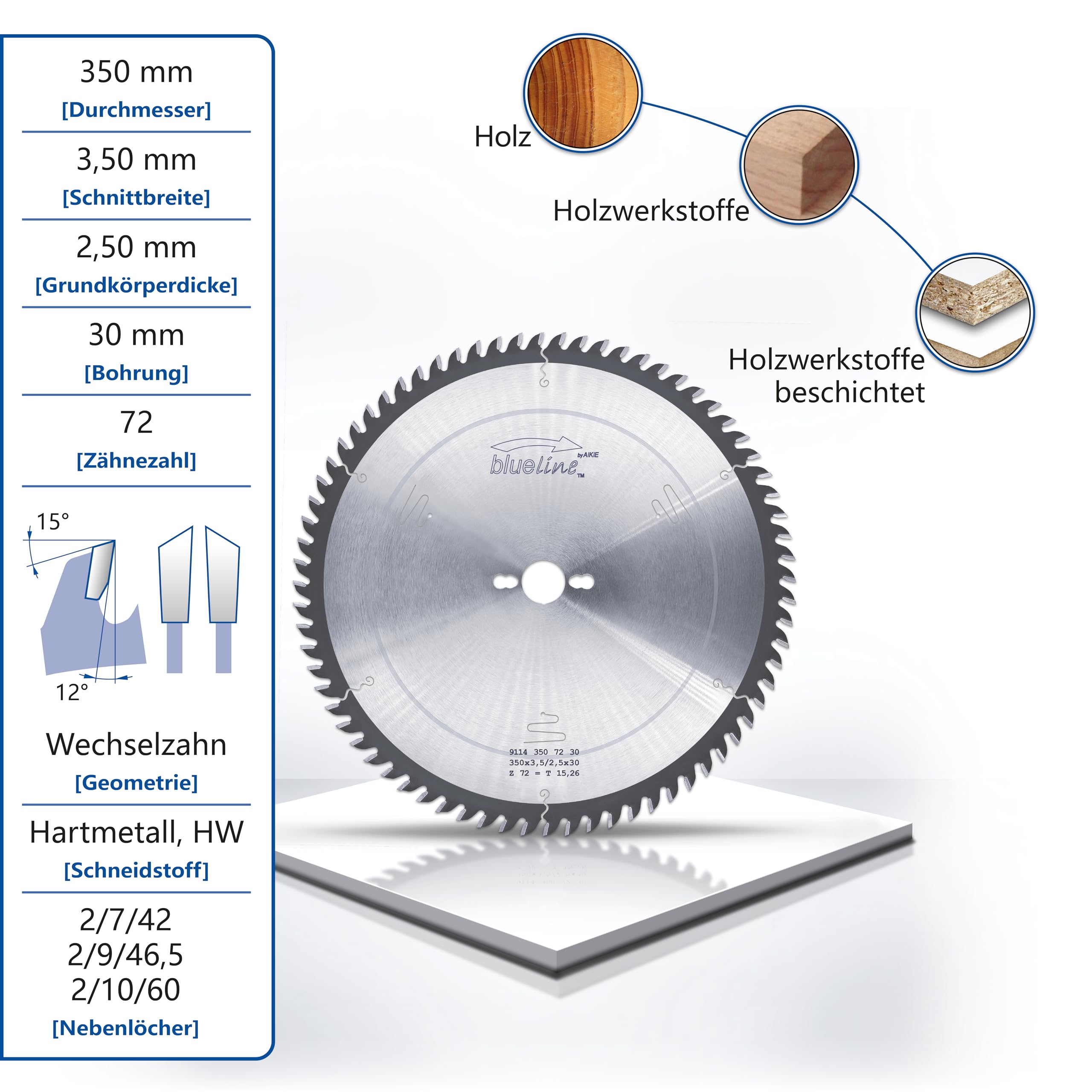 AKE blueline Kreissägeblatt | 350x30 Z72 Wechselzahn, Hartmetall | feiner Schnitt | für Holz, Holzwerkstoff, Holzwerkstoff beschichtet | auf Formatkreissäge, Tischkreissäge