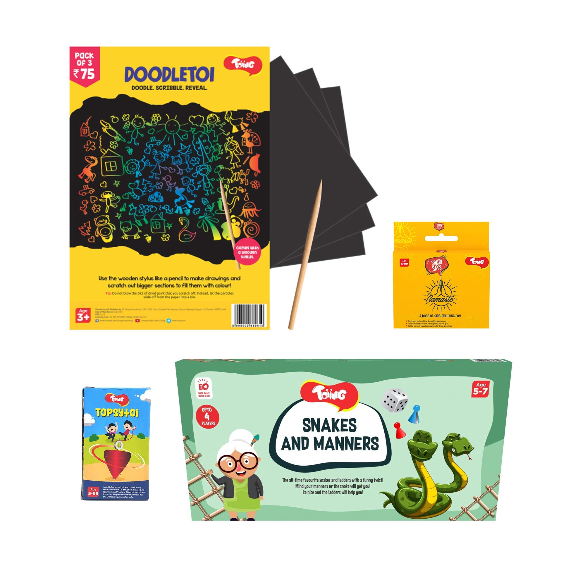 Toiing Indoor Play Combo - Snakes and Manners Board Game, Simon Says Card Game, Doodletoi Magical Art Sheets and Topystoi aka Lattu | for Kids Age 5 Years & above
