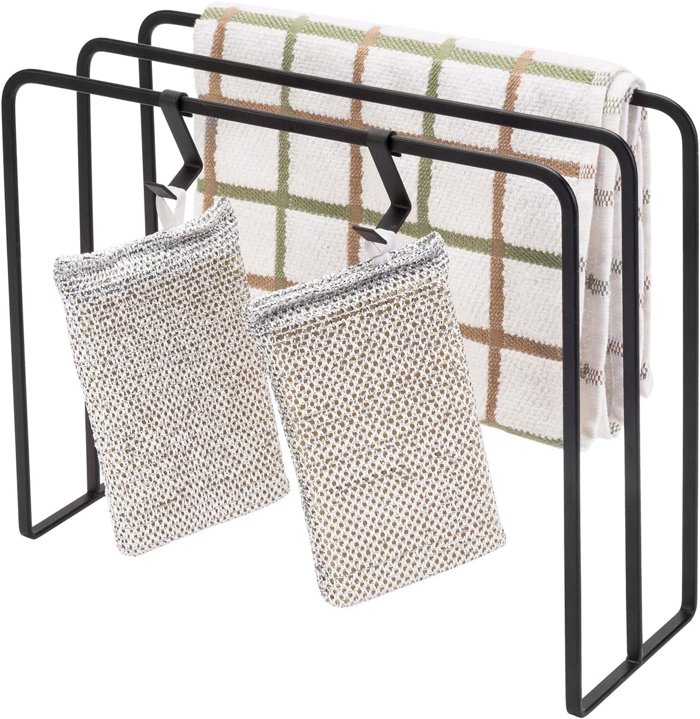 62400 Black Metal Kitchen Countertop Dish Cloth Drying Rack, Dishcloth Holder with 2 Sponge Hooks-image-25