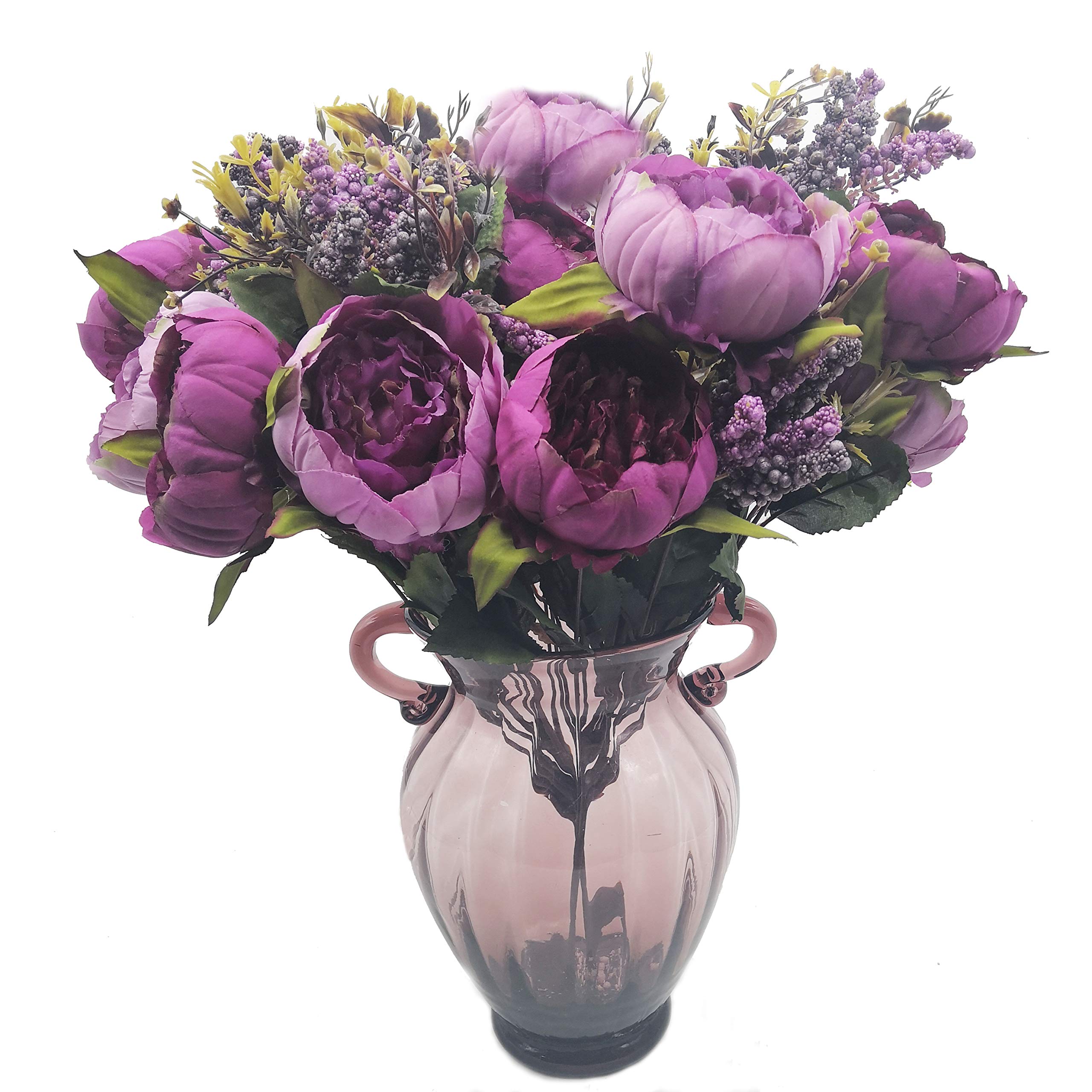 cn-Knight 1pcs Artificial Peony Bouquet,19 Inch Silk Peony Bunch with 7 Faux Flowers,Classical Style Artificial Flowers with Leaves and Ornaments for Wedding,Home Décor Centerpieces(Purple)