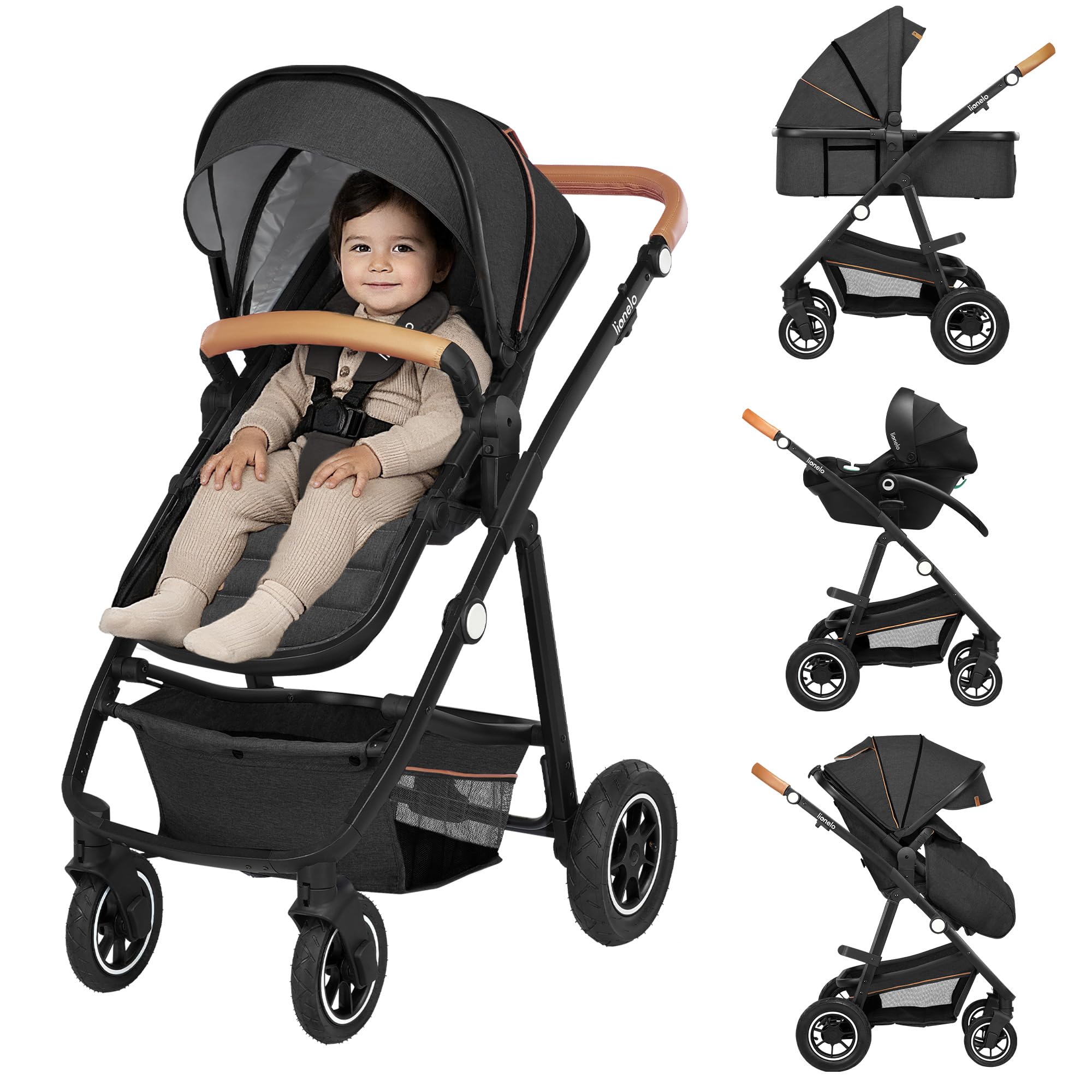 LIONELO Amber Plus Passeggino Trio 3 in 1 da 0 a 4 Anni fino a 22 kg | Navicella XL, Seggiolino Auto fino a 13 kg, Schienale Regolabile, Grandi Ruote All-Terrain 360°, Cappottina XXL