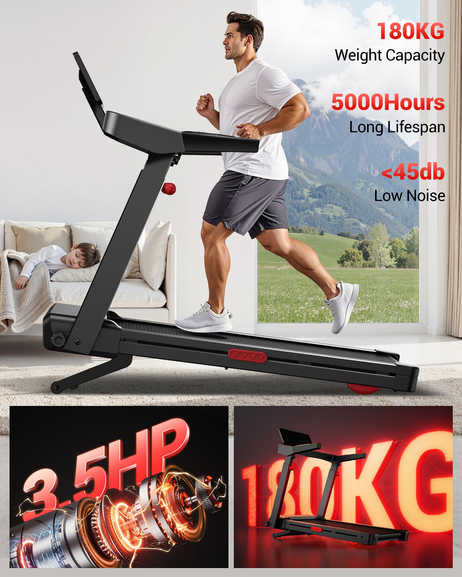 LONTEK Tapis Roulant Pliable 14KM/H Inclinaison Automatique 20% Moteur 3,5CV Charge Max 180KG