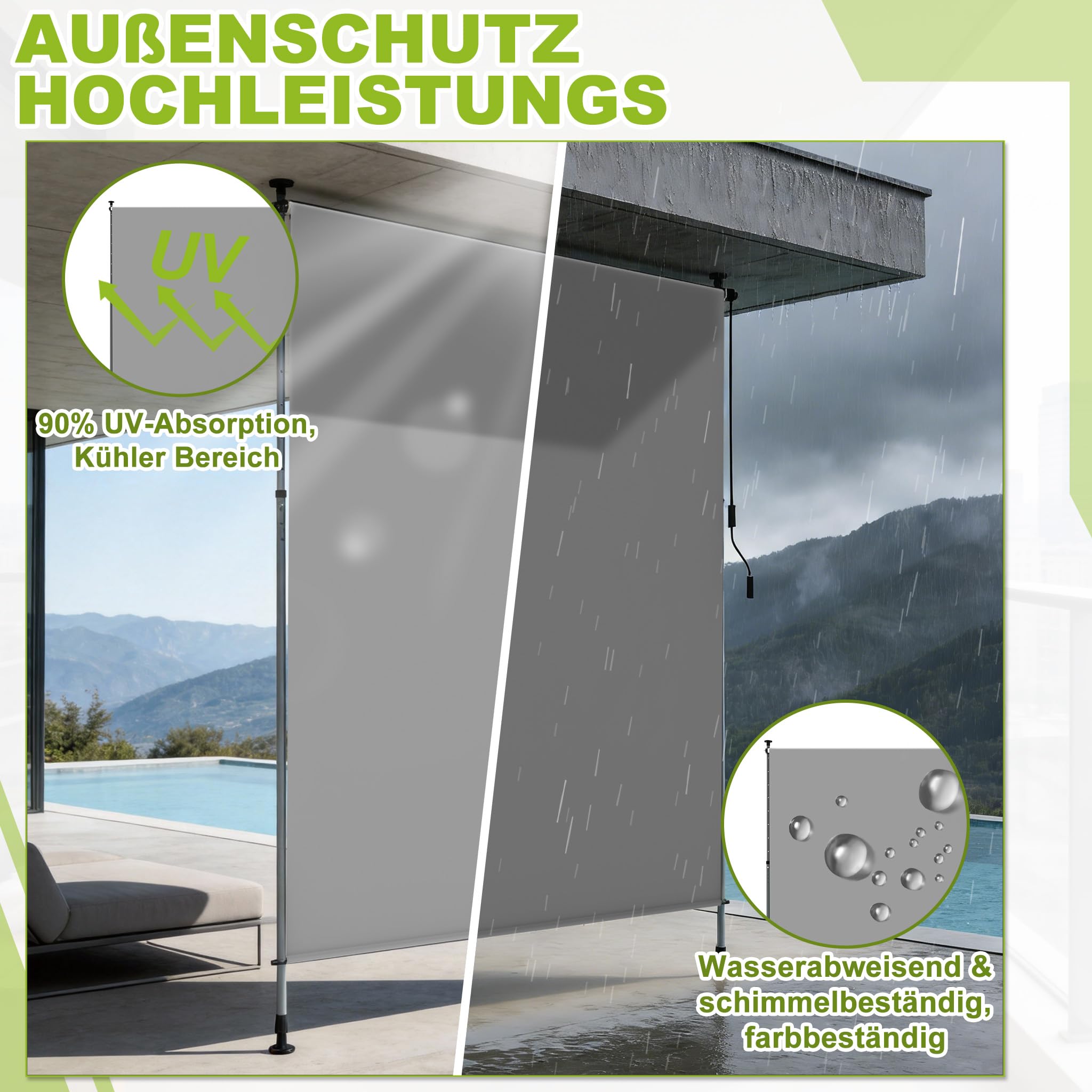 YRHome Klemmmarkise 200x310cm Vertikalmarkise Wasserfest & UV-Schutz Senkrechtmarkise mit Handkurbel ohne Bohren Sichtschutz Ausziehbar Seitenmarkise für Garten Terrasse Balkon - Hellgrau