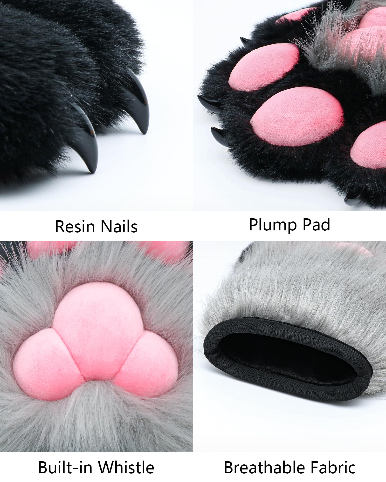 BNLIDES Cosplay Fursuit Paw Gloves Furry Claw Gloves Built-in Whistle Decompression Toys Costume Party Accessories for Adult: Grey-black