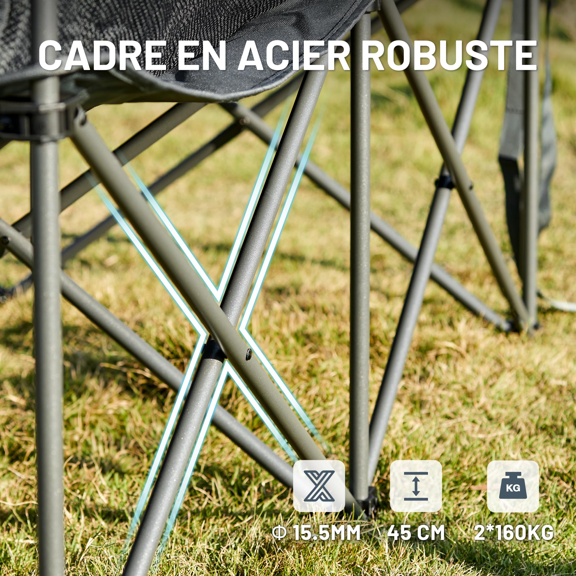 TIMBER RIDGE Chaise de camping pliable pour 2 personnes - Charge maximale : 320 kg - Canapé de camping XXL - 2 places - Avec poches latérales de grand volume - Dossier haut - Extra longue - Pour