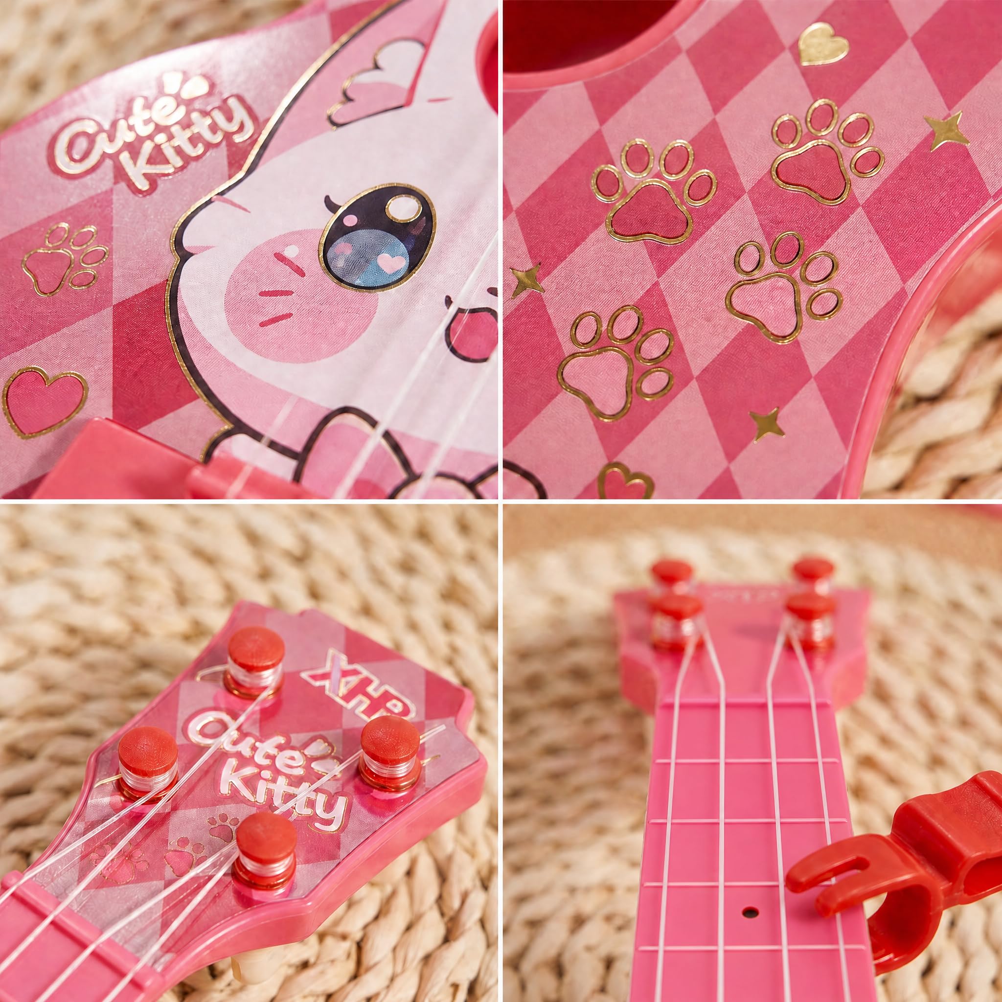 LeeQee Kinder-Ukulelen-Gitarre für Kleinkinder 3–6, 43,2 cm, Pink Kitty Spielzeuggitarre | 4 weiche Nylonsaiten mit Plektren, einfach für kleine Hände, Anfänger Musikinstrument für Vorschuljungen und Mädchen