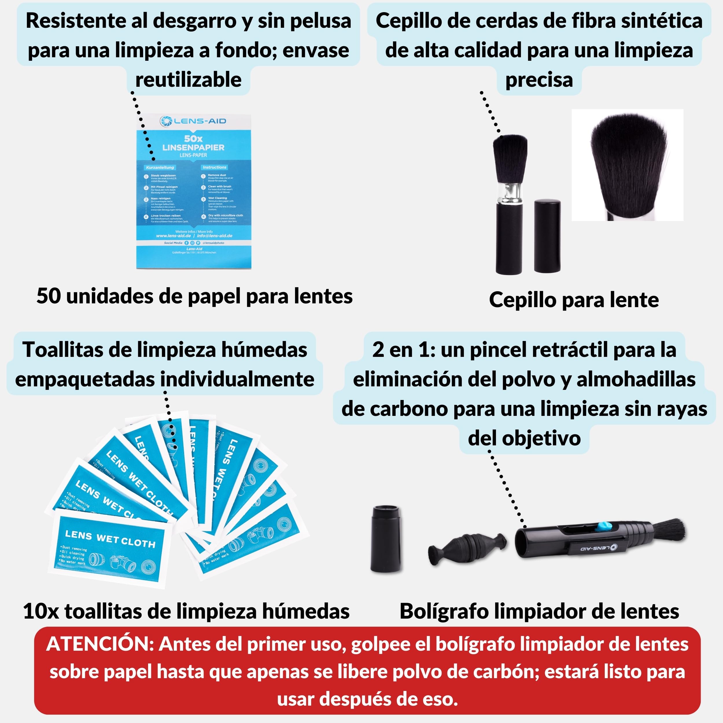 Lens-Aid Kit Limpieza cámara 8 en 1 – Set con Fuelle, Cepillo, lápiz, paños, líquido y más – Ideal para Objetivos, sensores, filtros y Pantallas – Regalo para fotógrafos