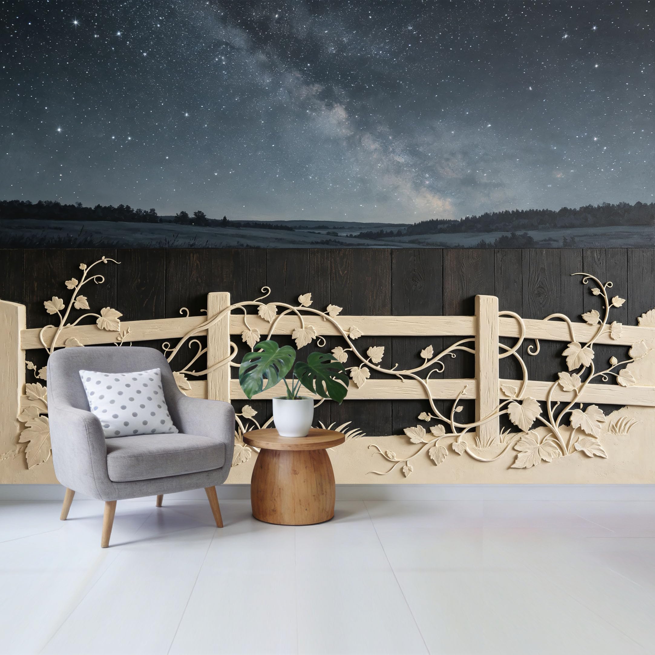 Qzlithotic Yq2605250807 Custom Size Wall Mural Starry Night Milky Way Sky Farmhouse Wooden Fence Botanical Vine Relief 3D Trompe L'oeil Selfadhesive Wall Fabric Removable Wallpaper For Home Office Decor