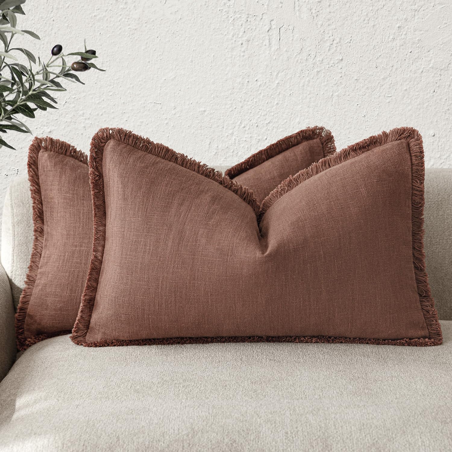 Foindtower Set of 2 Decorative Linen Fringe Lumbar Throw Pillow Covers Boho Farmhouse Cushion Cover with Tassels Soft Accent Pillowcase for Couch Sofa