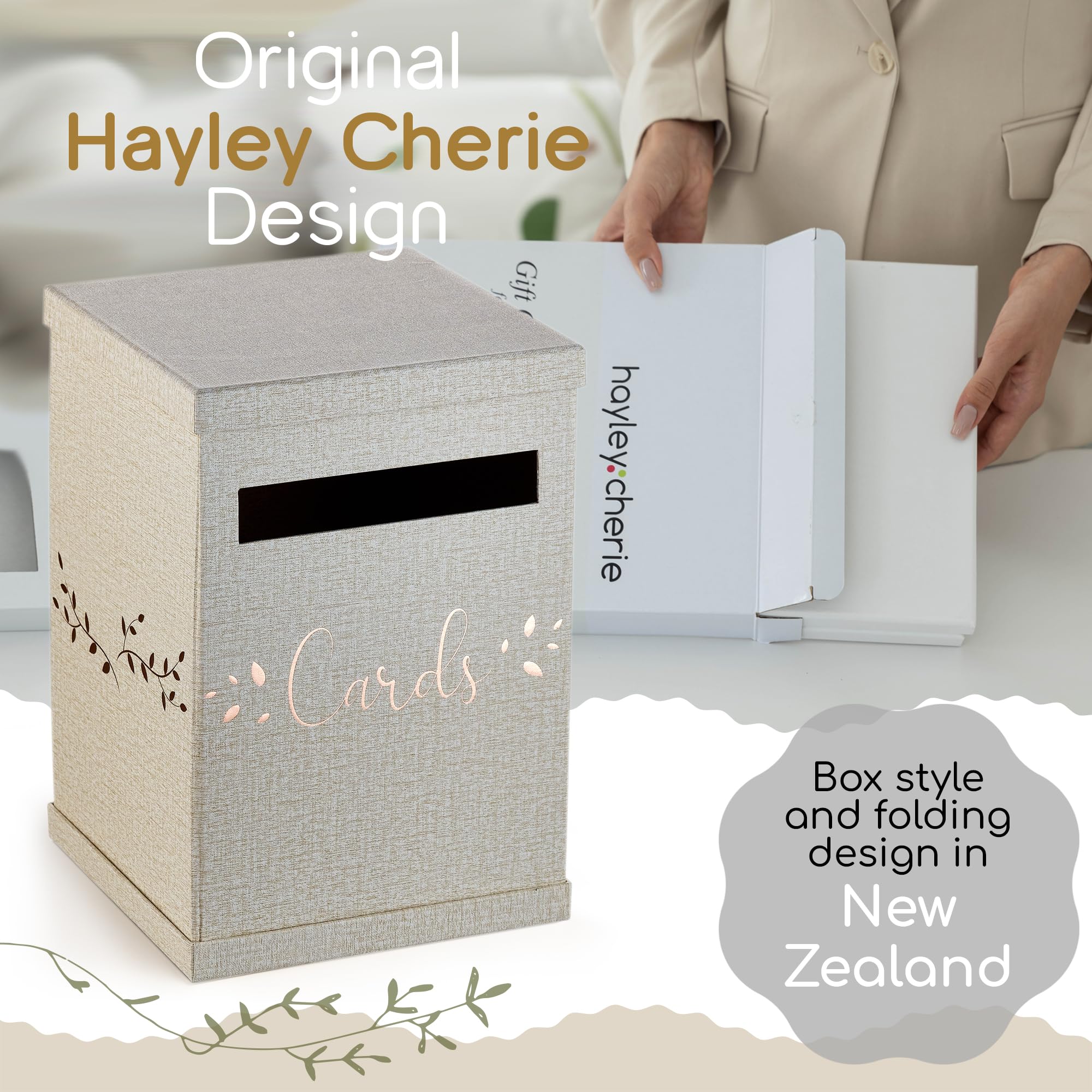 Hayley Cherie - Caja de regalo rústica con diseño de lámina de cobre - Acabado texturizado de lino - Buzón grande de 22 x 22 x 32,5 cm - Para bodas, baby showers, cumpleaños, graduaciones, fiestas