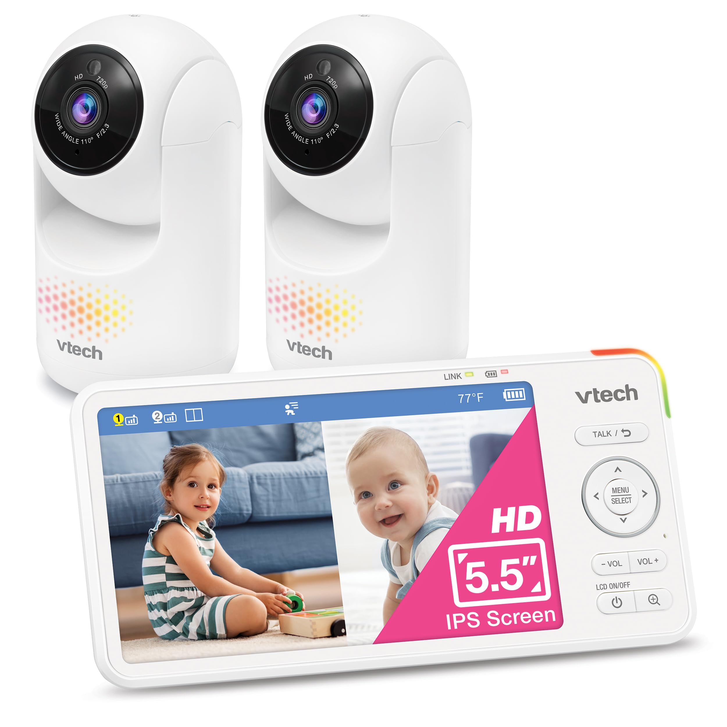 VTech Baby Monitor with 2 Cameras No WiFi &amp; 5.5" IPS Split Screen, Remote Pan Tilt Zoom, 5000mAh 19H Battery, 1000ft Range, Night Vision, Night Light, Two-Way Talk | Advanced HD Plus Twin