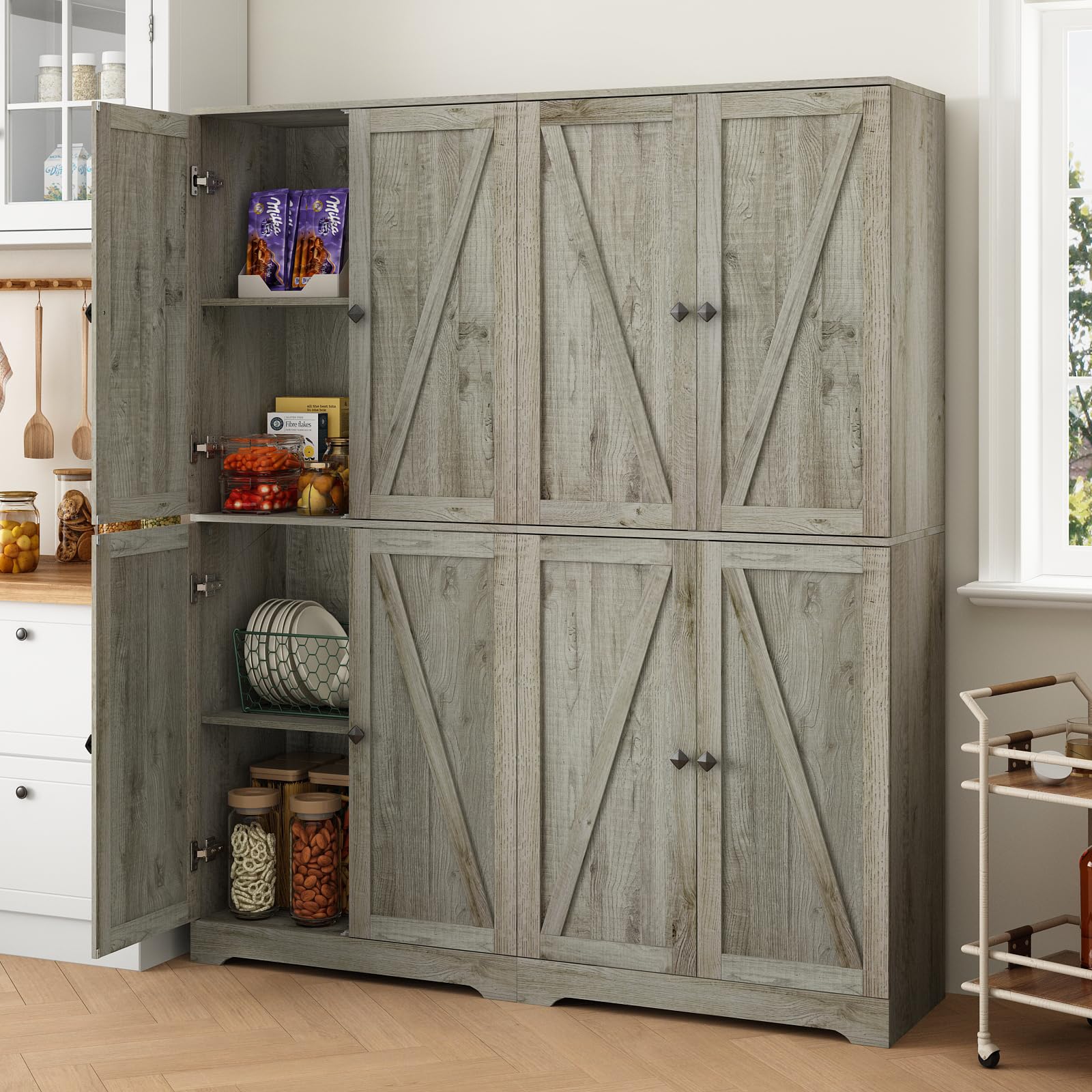 CARPETNAL 72" Tall Pantry Cabinet for Kitchen Storage Set of 2, Farmhouse Wooden Storage Cabinet with 4 Barn Doors & Square Knobs & Adjustable Shelves