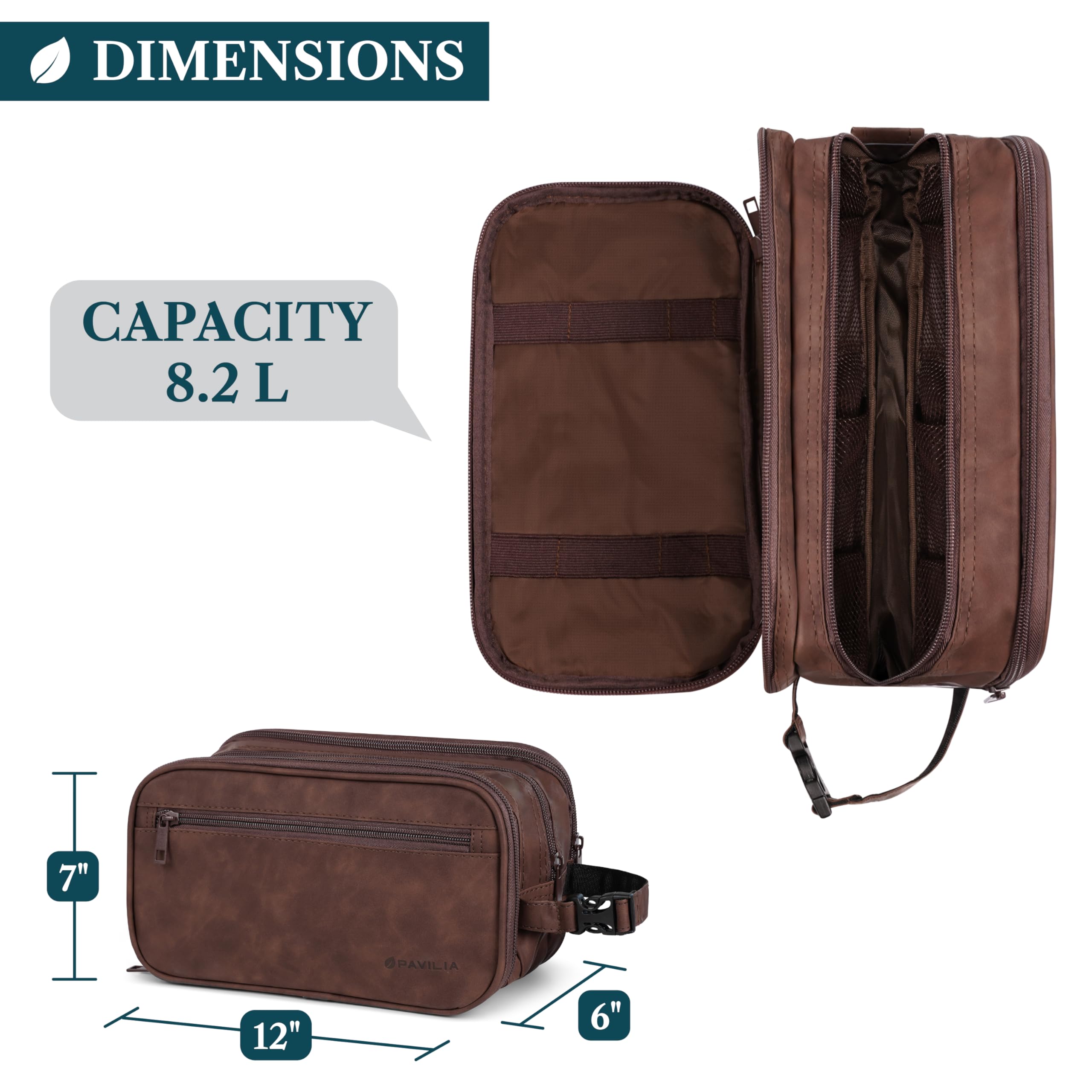 PAVILIA Neceser para hombres, bolsa de viaje esencial para afeitar, bolsa de viaje, organizador de artículos de tocador, accesorio de maquillaje cosmético, resistente al agua, Marrón, Extra Large