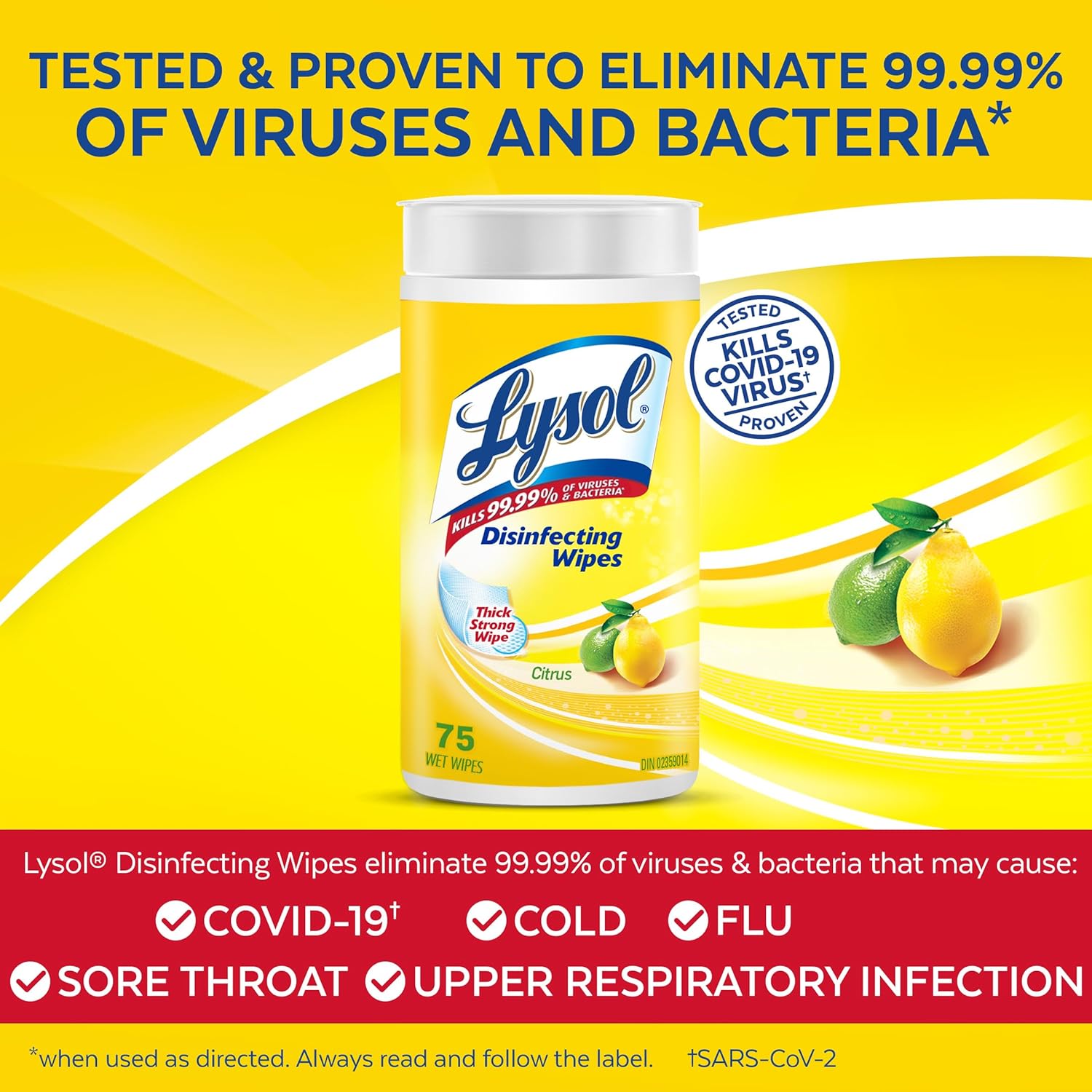 Close-up of a Lysol Citrus Disinfecting Wipes canister, highlighting the textured material of a single wipe.