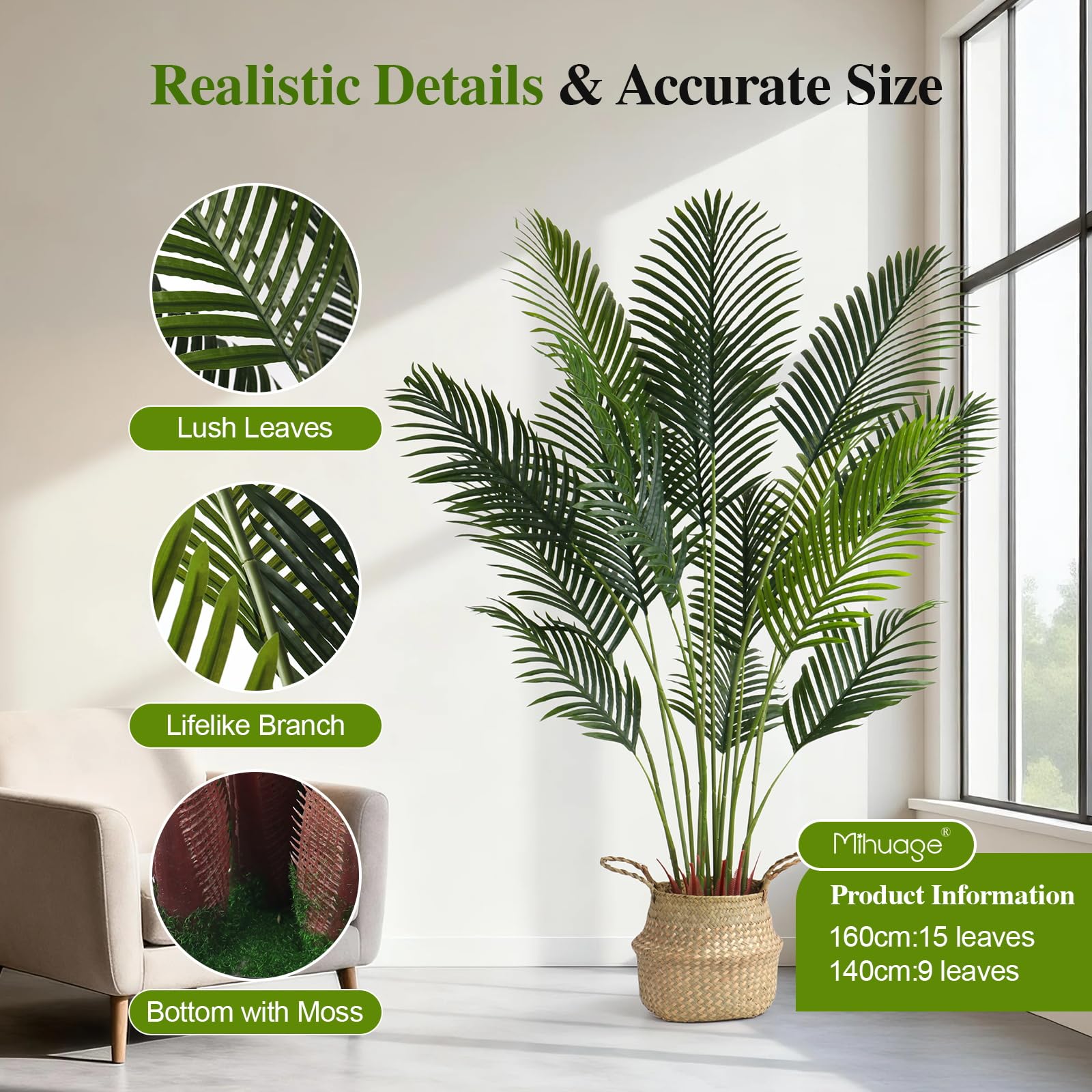 MIHUAGE Palma Areca artificiale, 160 cm, albero realistico per decorazione domestica, Ramadan e decorazione moderna per la casa, per interni ed esterni e ufficio, regalo perfetto per l'inaugurazione